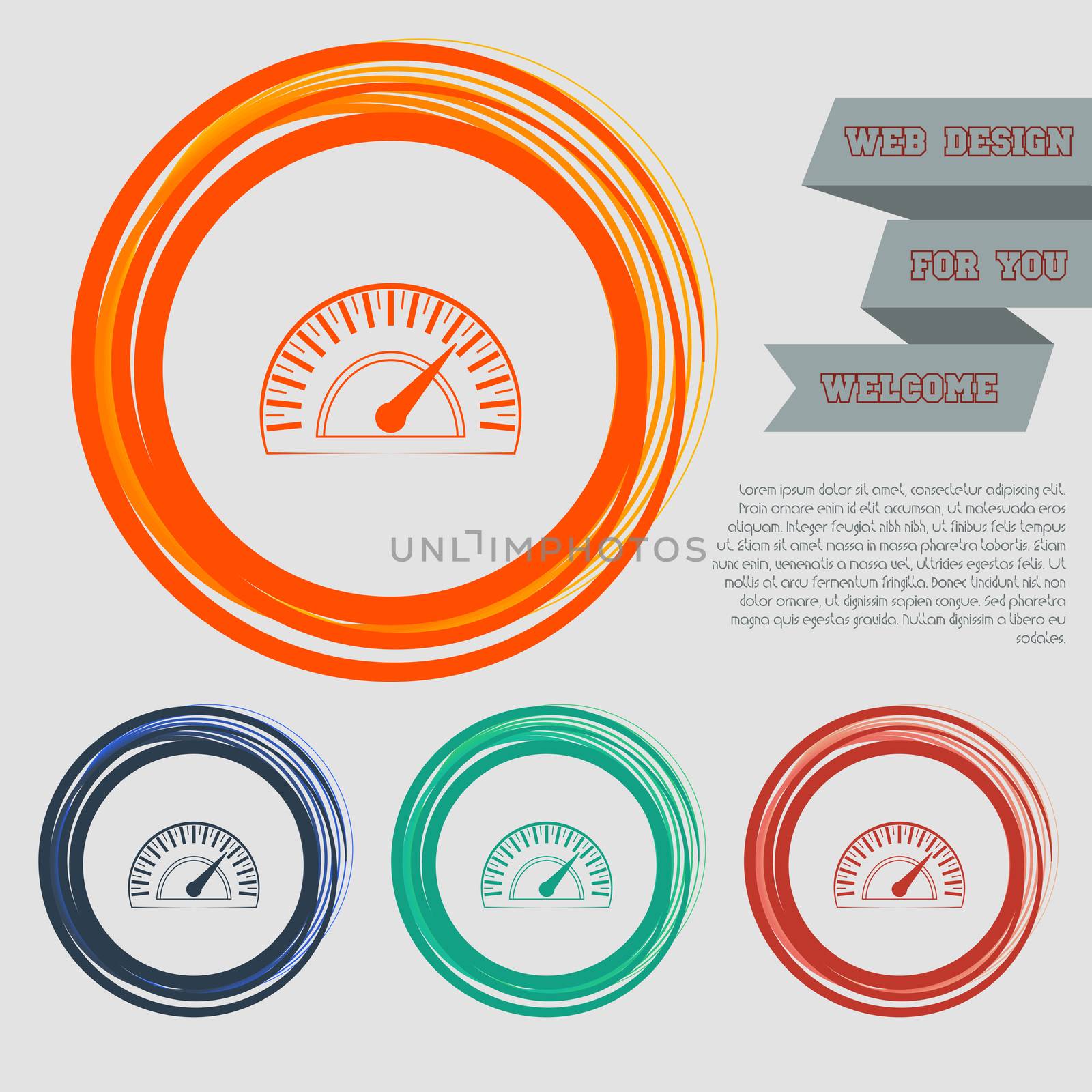 Speedometer icon on the red, blue, green, orange buttons for your website and design with space text.  by Adamchuk