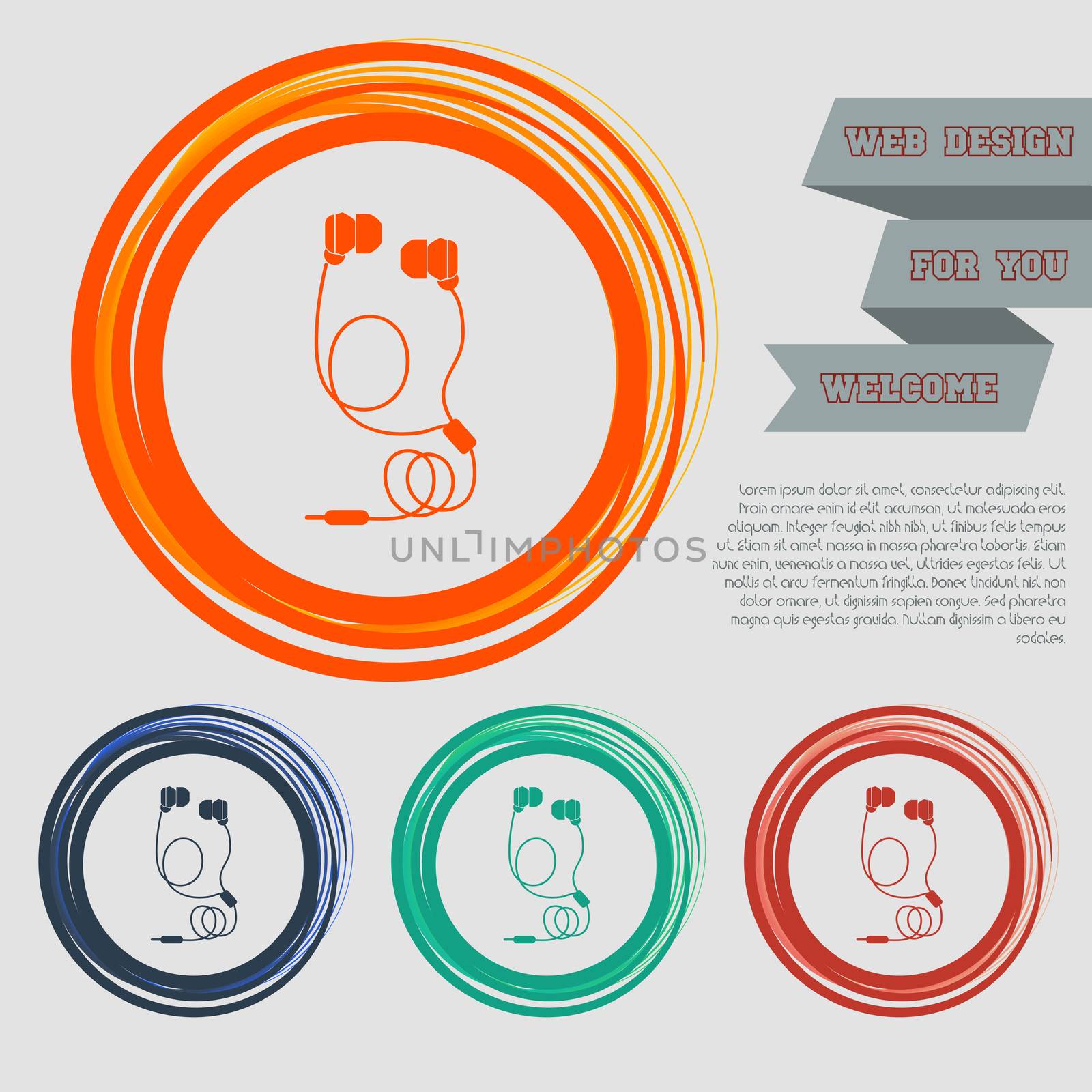 Headphones icons on the red, blue, green, orange buttons for your website and design with space text.  by Adamchuk