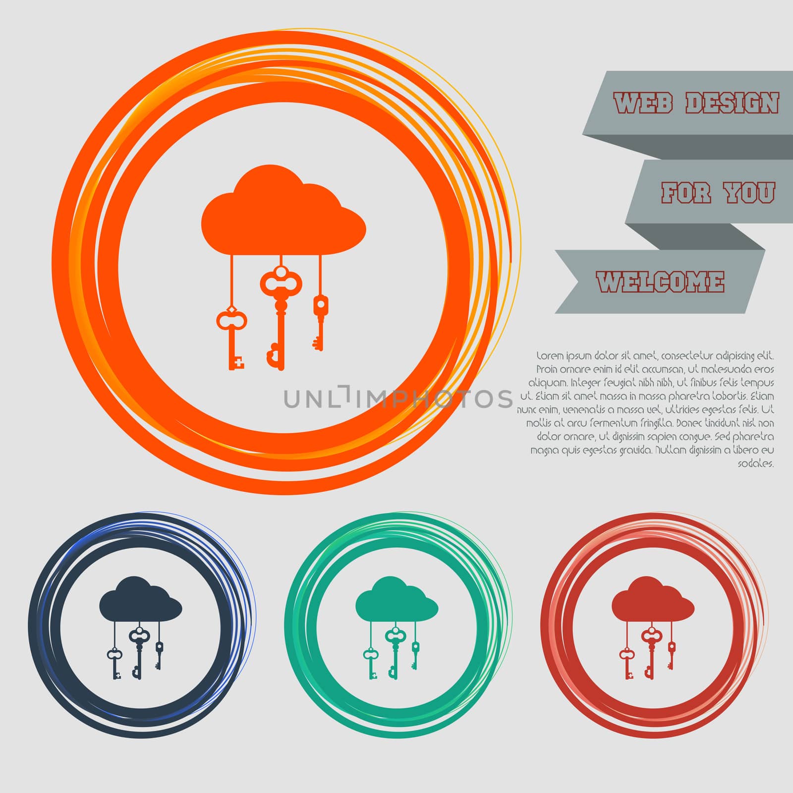 cloud computer storage with lock icon on the red, blue, green, orange buttons for your website and design with space text. illustration