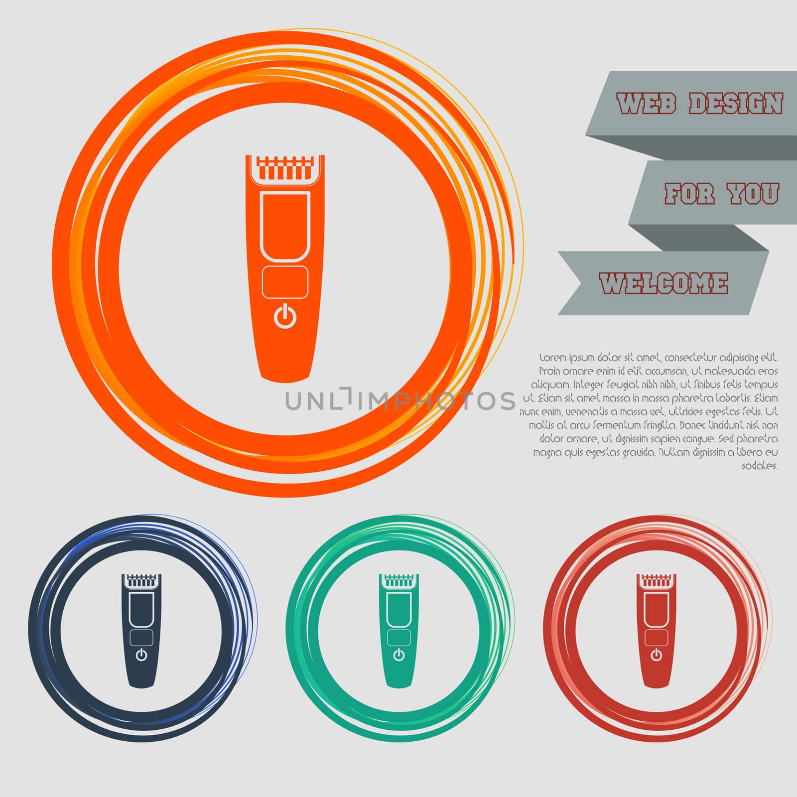 Shaver hairclipper icon on the red, blue, green, orange buttons for your website and design with space text.  by Adamchuk
