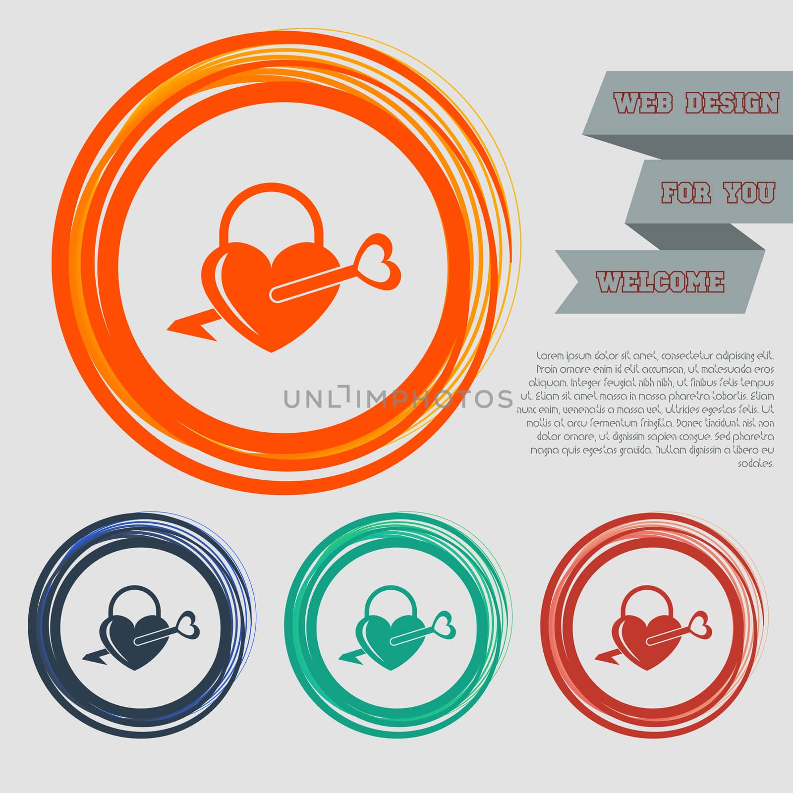 lock icons. A simple silhouette of the lock for the door. Shape of a heart. on the red, blue, green, orange buttons for your website and design with space text.  by Adamchuk