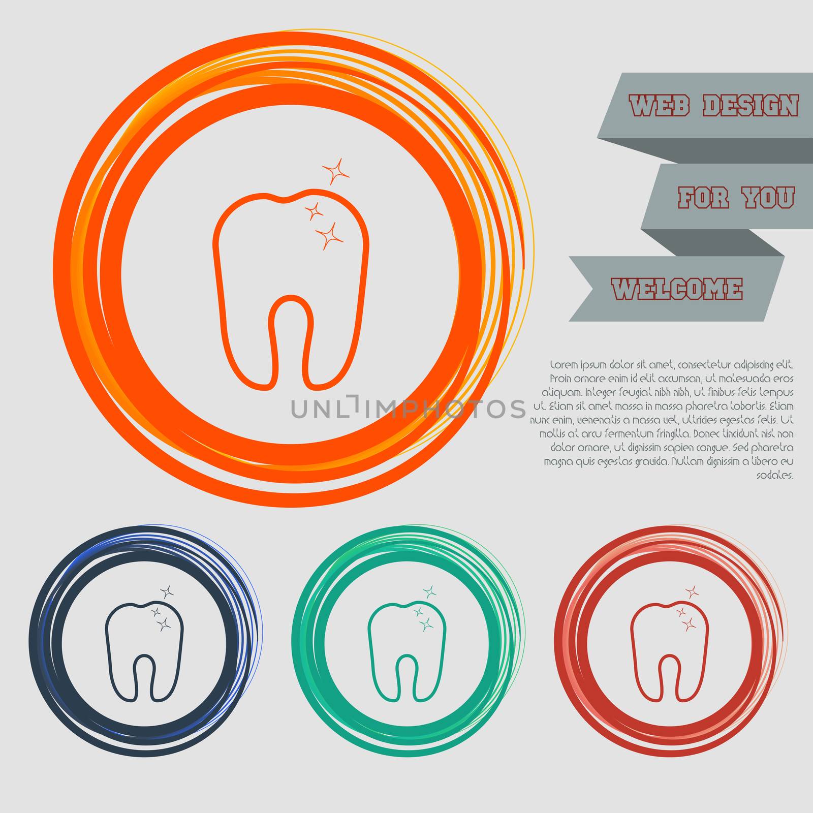Tooth Icon on the red, blue, green, orange buttons for your website and design with space text. illustration