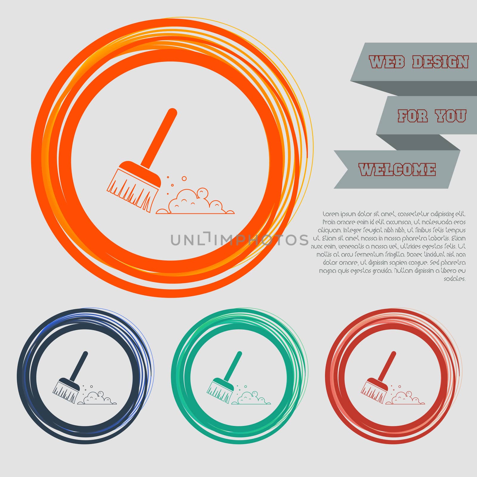 Broom icon on the red, blue, green, orange buttons for your website and design with space text. illustration