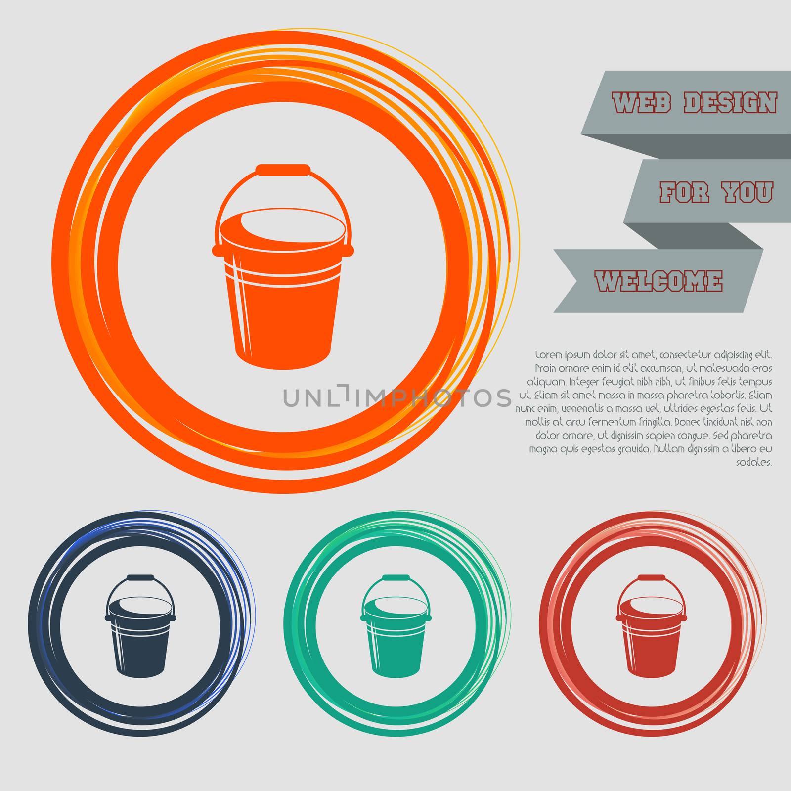 Bucket icon on the red, blue, green, orange buttons for your website and design with space text.  by Adamchuk