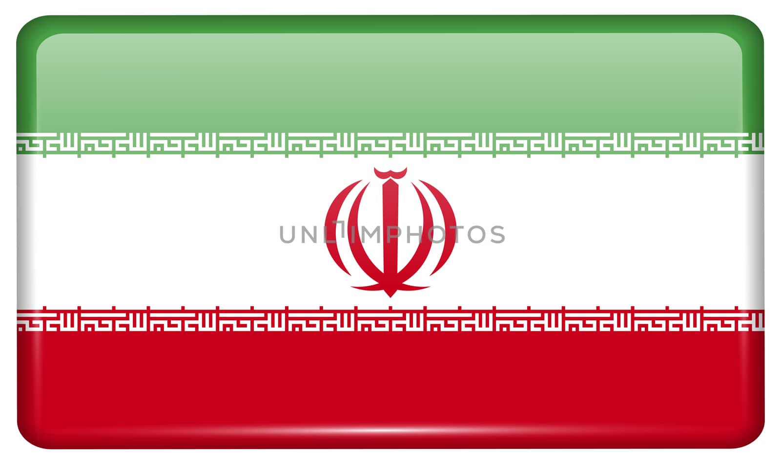 Flags of Iran in the form of a magnet on refrigerator with reflections light. illustration