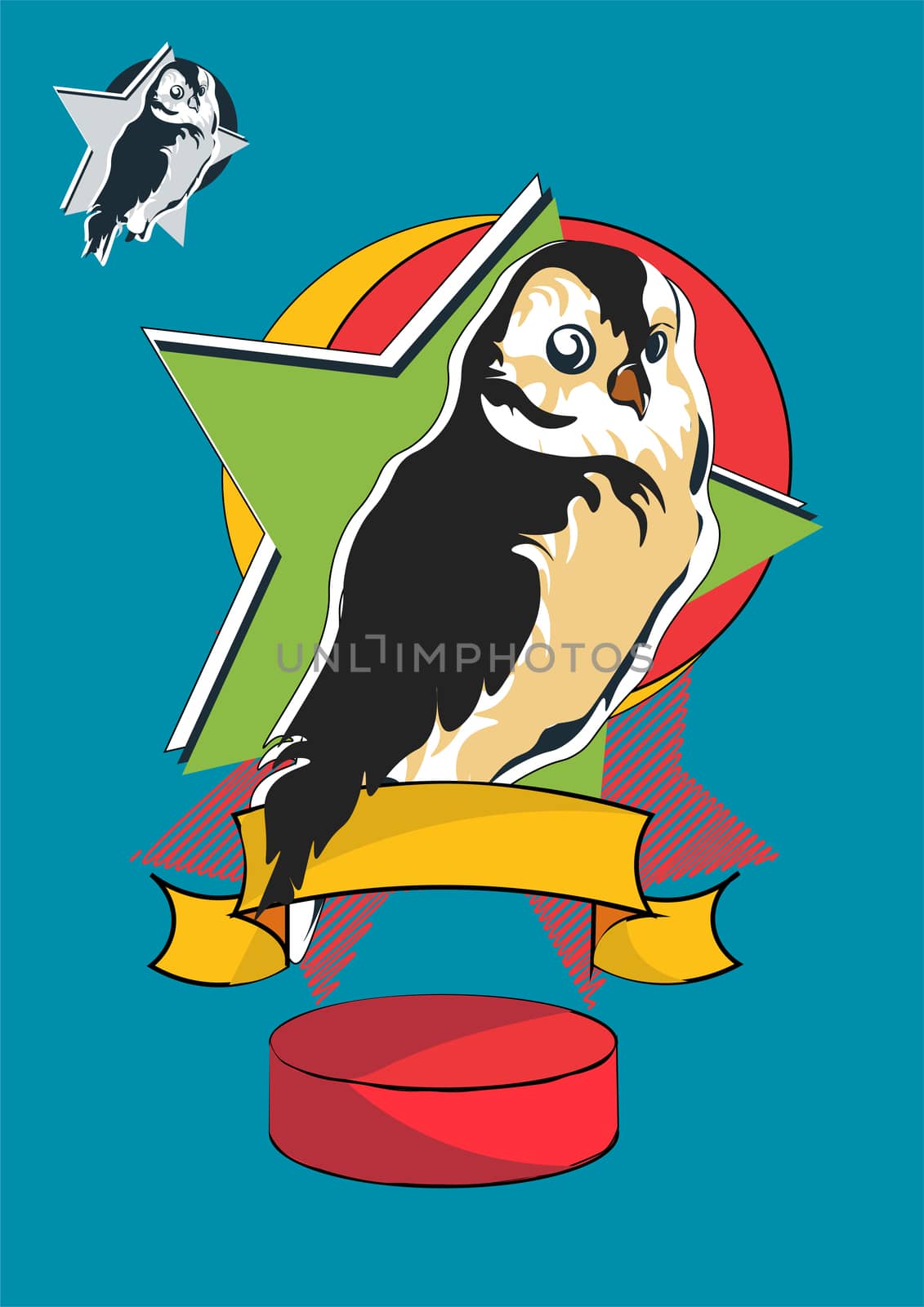 Stylized cartoon owl bird. brown and yellow feathers, including second variant with colorless bird in outline style. Illustration