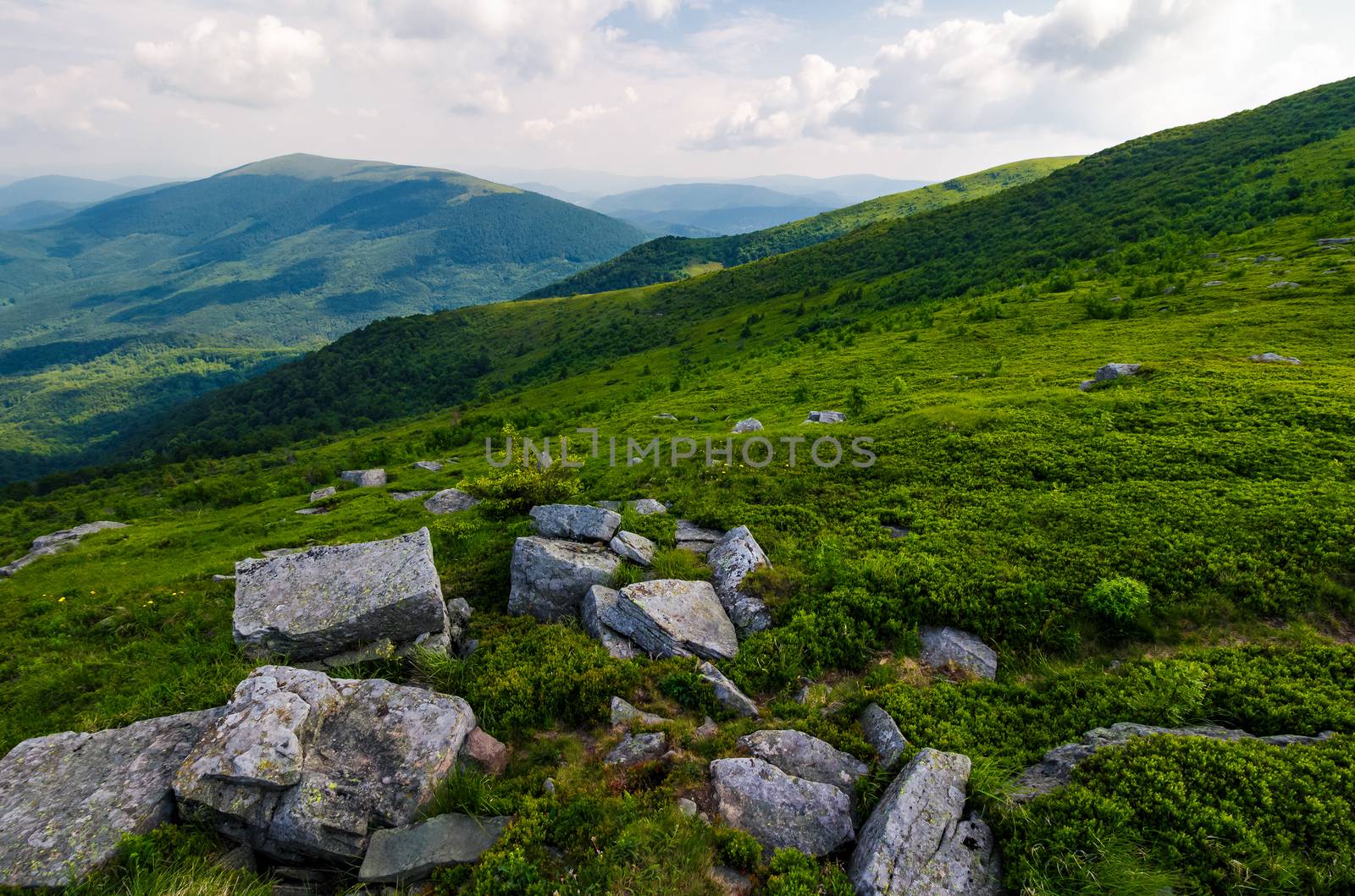 gorgeous view from the Runa mountain. lovely summer landscape with grassy hills in shade of a cloud