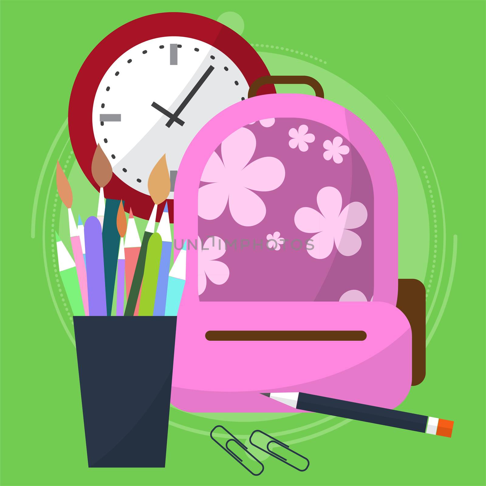 school bag with a pencil case in which the pens and pencils. Watch that show how much is left before the end of the lesson. Back to school. Start the lesson. illustration