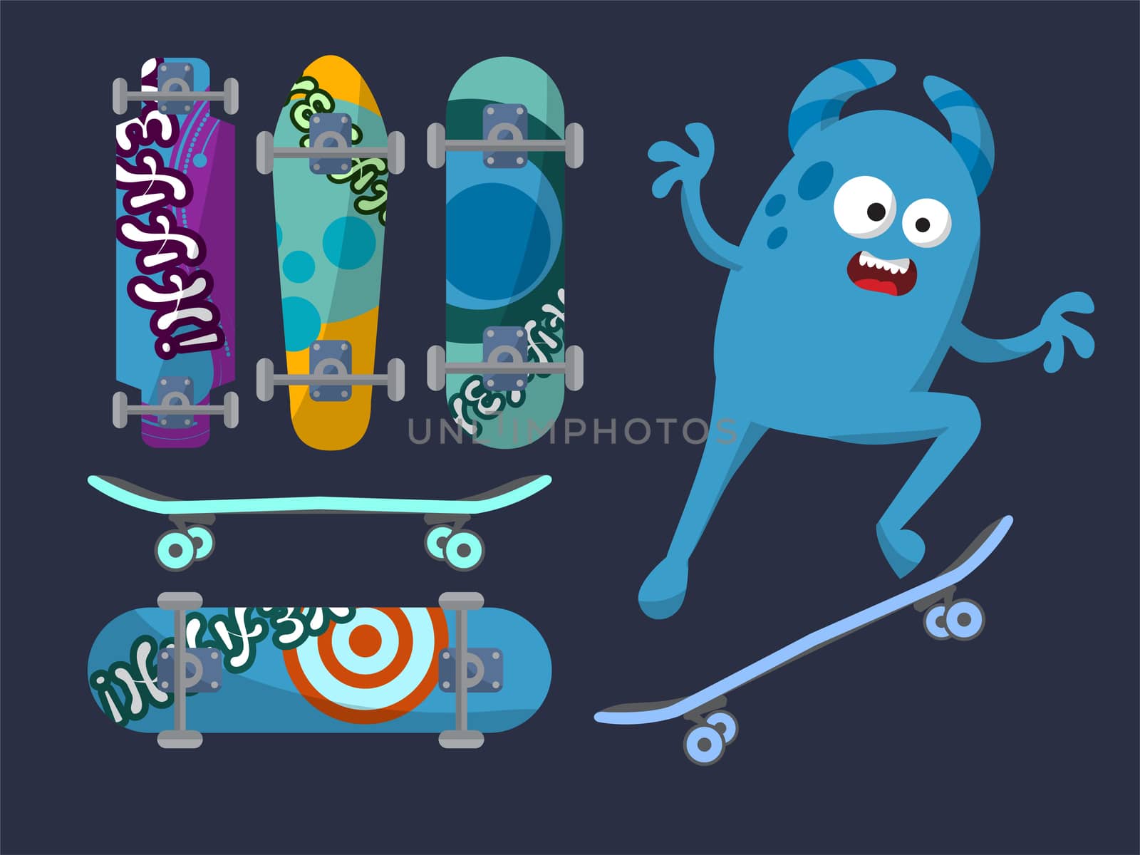 Set of bright skateboard on a dark background with a cheerful blue monster. by Adamchuk