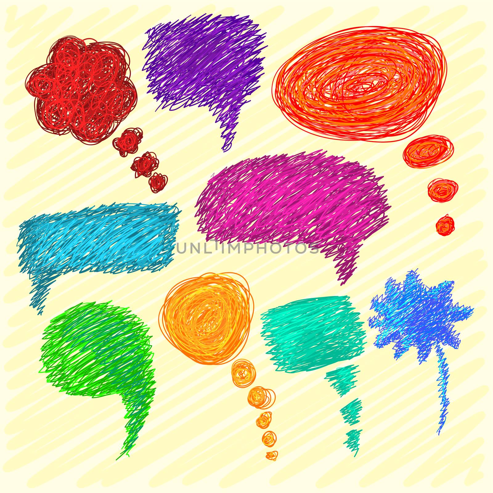 Set of bright speech bubbles hand-drawn on a light background. by Adamchuk