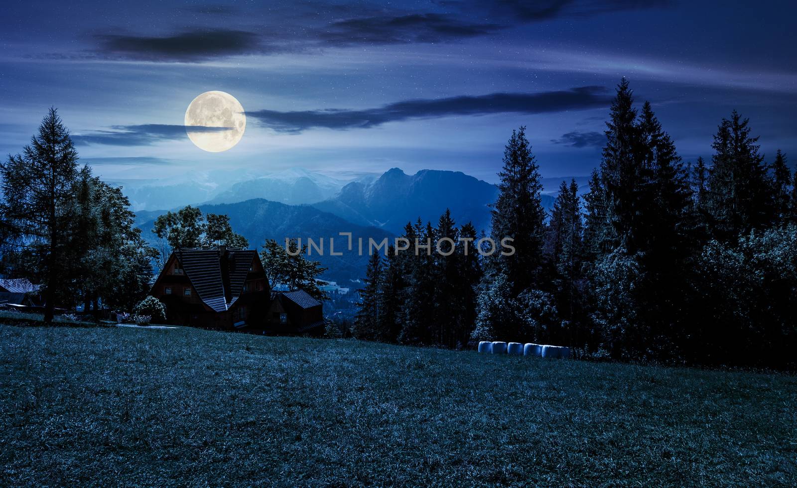 beautiful landscape of Tatra Mountains at night in full moon light. location Zakopane village, Poland. lovely scenery with forest on a grassy meadow and a ridge under the gorgeous sky in the distance