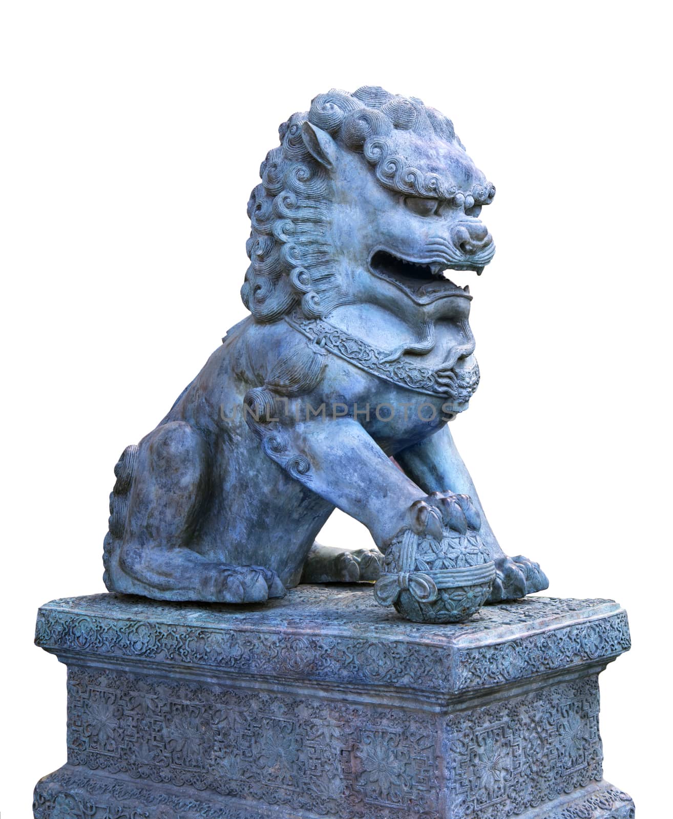 Traditional asian lion sculpture guarding an entrance, isolated over white