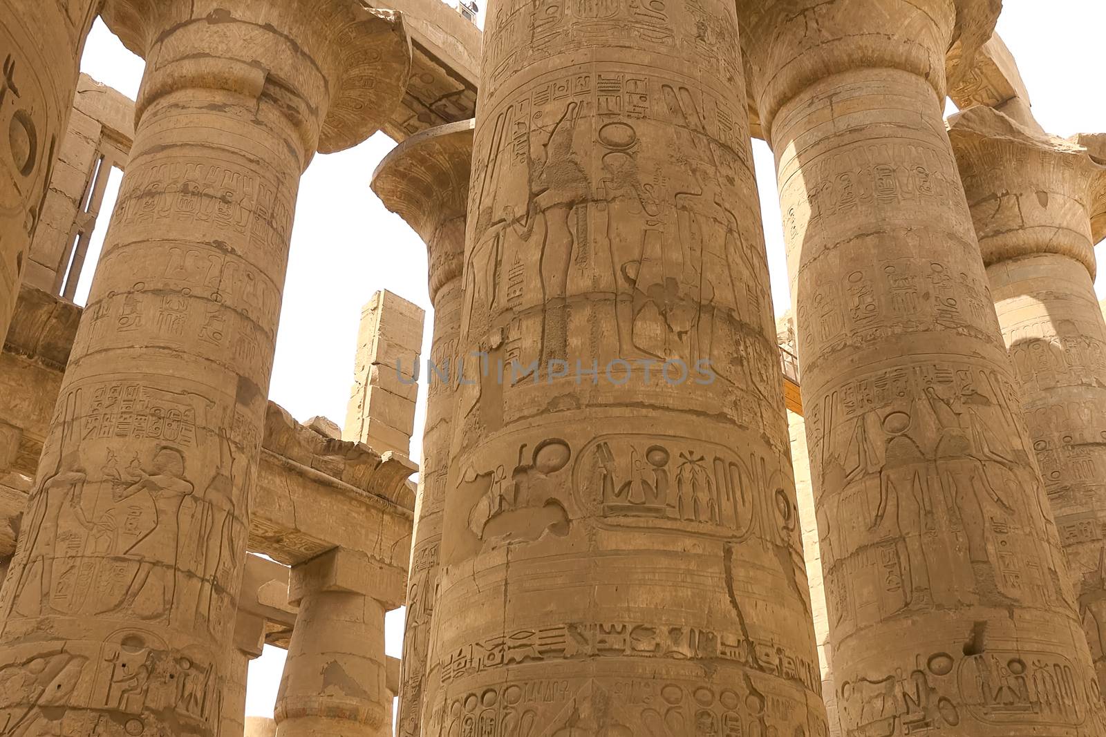 Egyptian hieroglyphs and drawings on the walls and columns. Egyptian language, The life of ancient gods and people in hieroglyphics and drawings