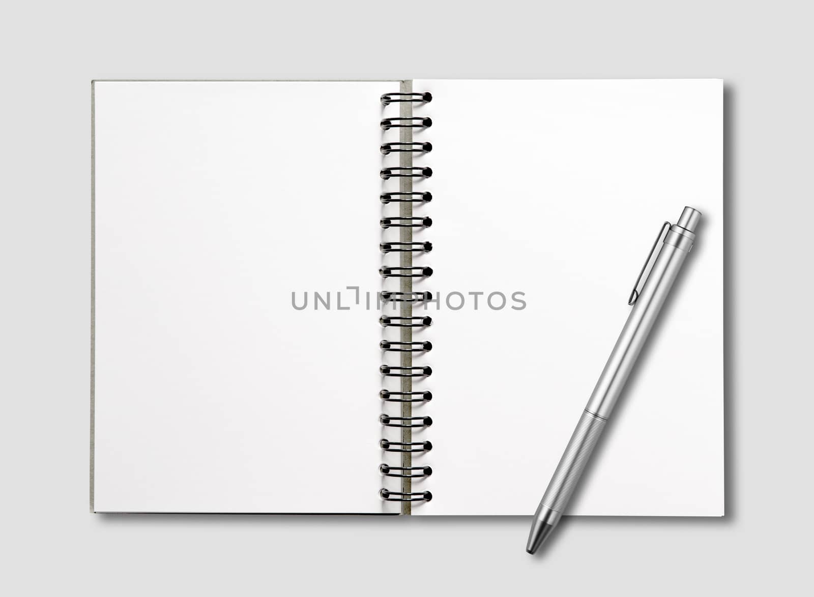 Blank open spiral notebook and pen mockup isolated on grey
