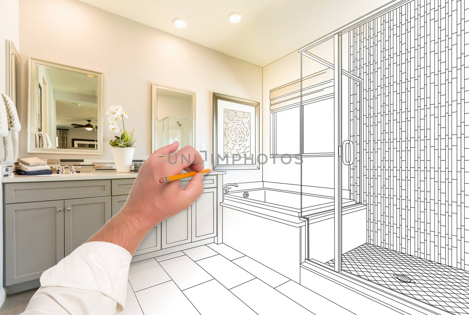 Hand Drawing Custom Master Bathroom with Cross Section of Finished Photograph.