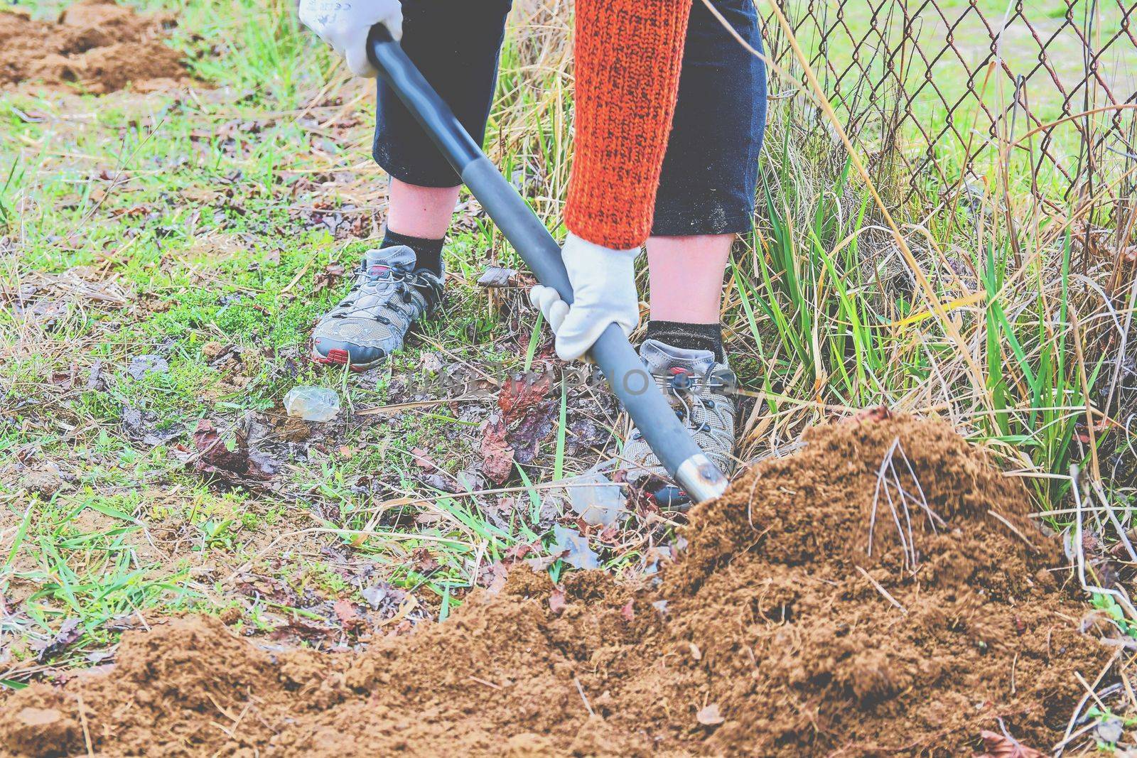 Woman digging soil with garden fork. Gardening and hobby concept. 