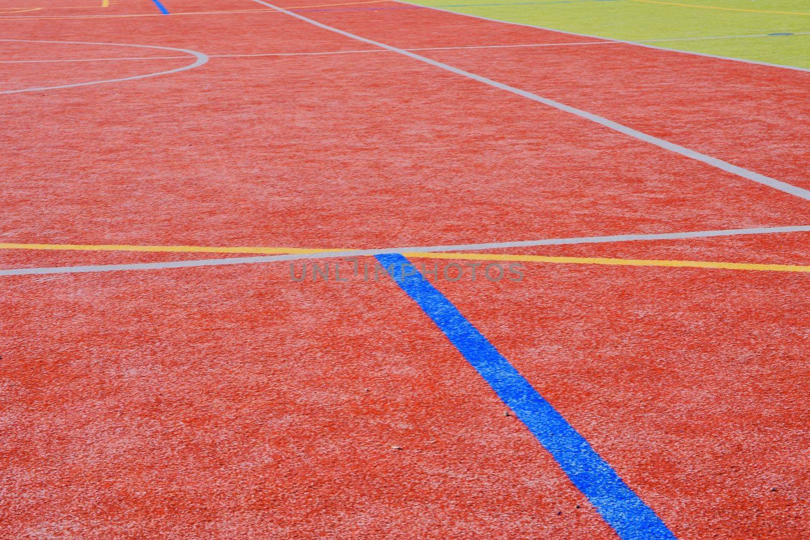 Color lines on playing field. Copy space. Sport texture and background. 