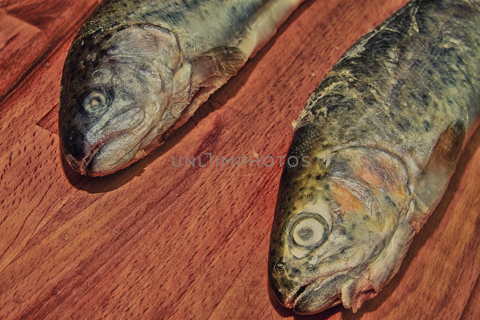 Two raw rainbow trouts on wooden board. Healthy food and dieting concept. Add dark contrasts by roman_nerud