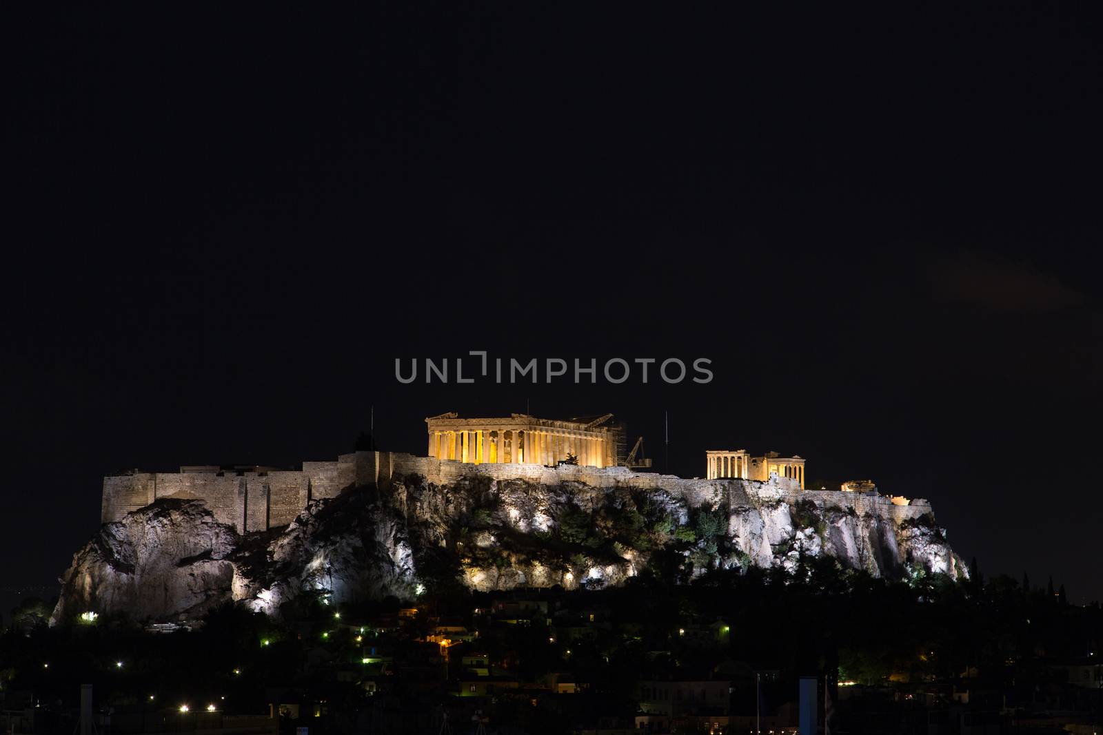 The Acropolis and Parthenon at night in Athens, Greece