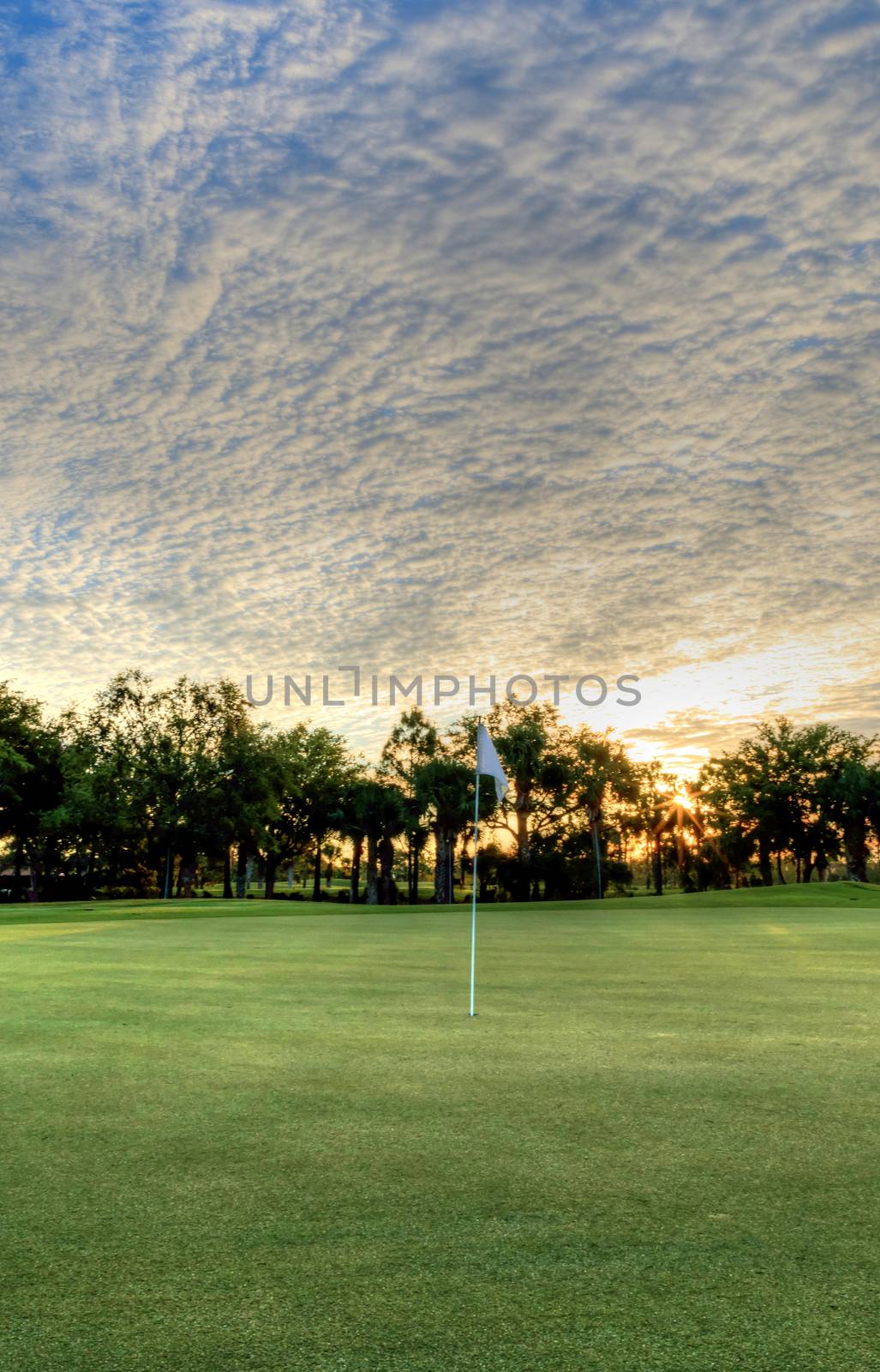 Freshly mowed green grass at dawn on a tropical golf course with a colorful sunrise sky.