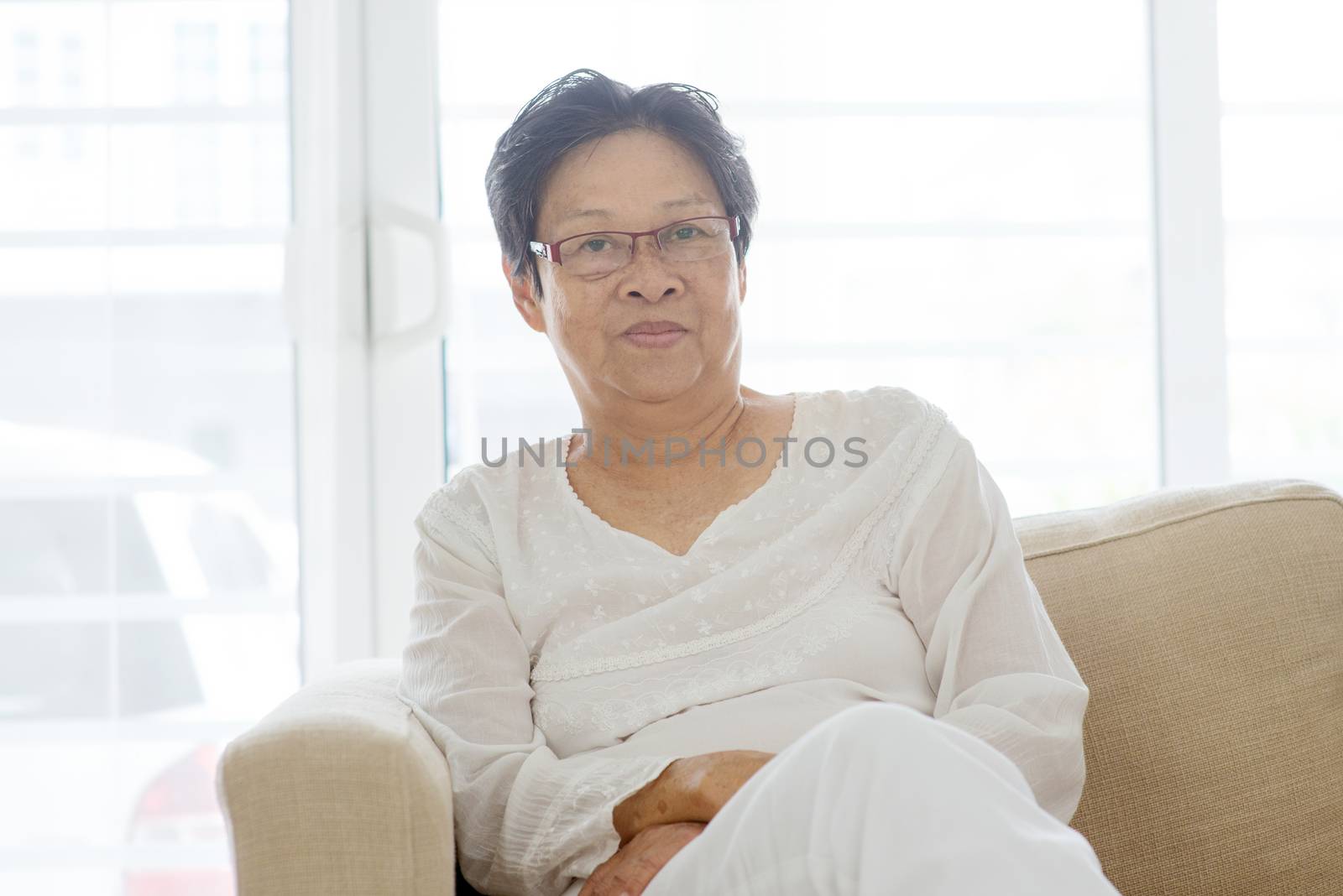 Asian elderly people portrait at home, 60s senior woman indoor lifestyle.