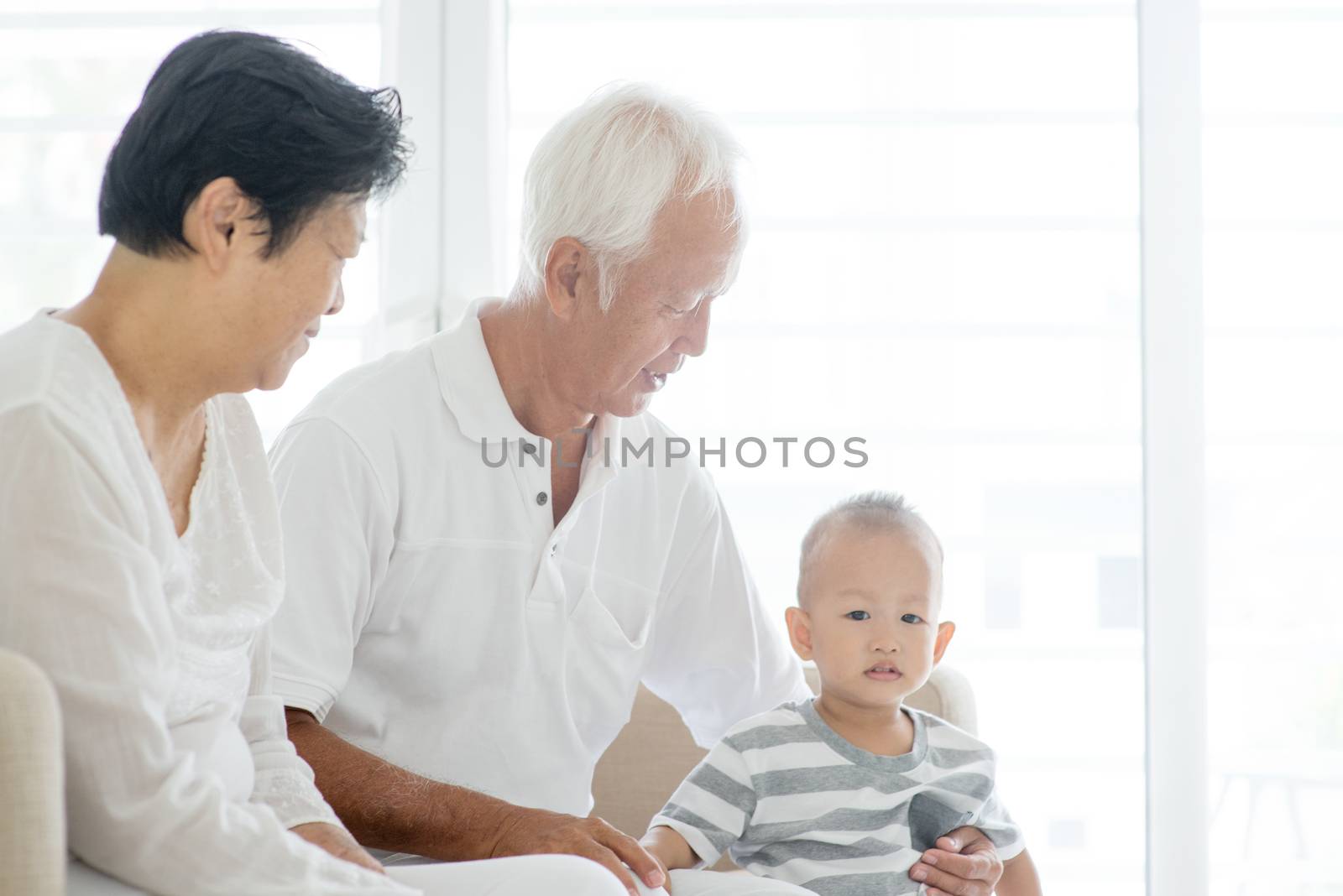 Portrait of Asian grandparents and grandchild at home, family indoor lifestyle.