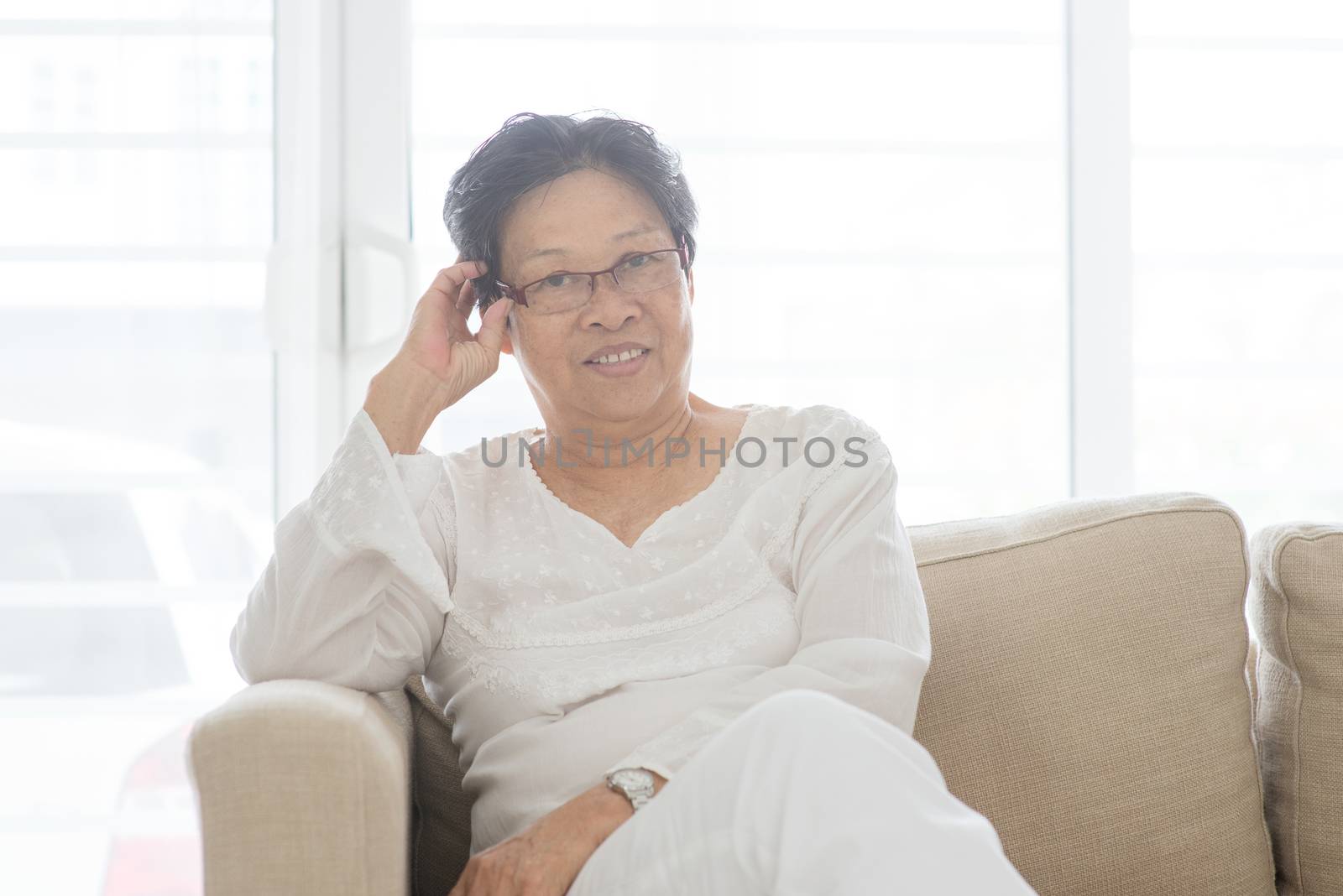 Asian old people portrait at home, 60s senior woman indoor lifestyle.