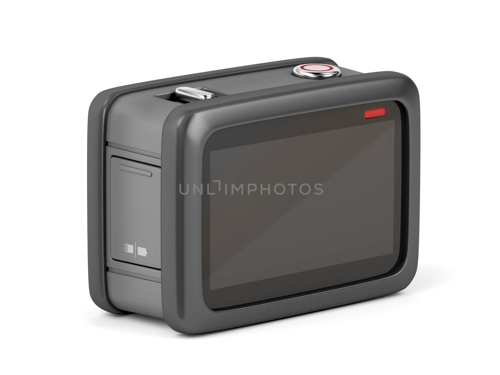 Back view of rugged action camera on white background