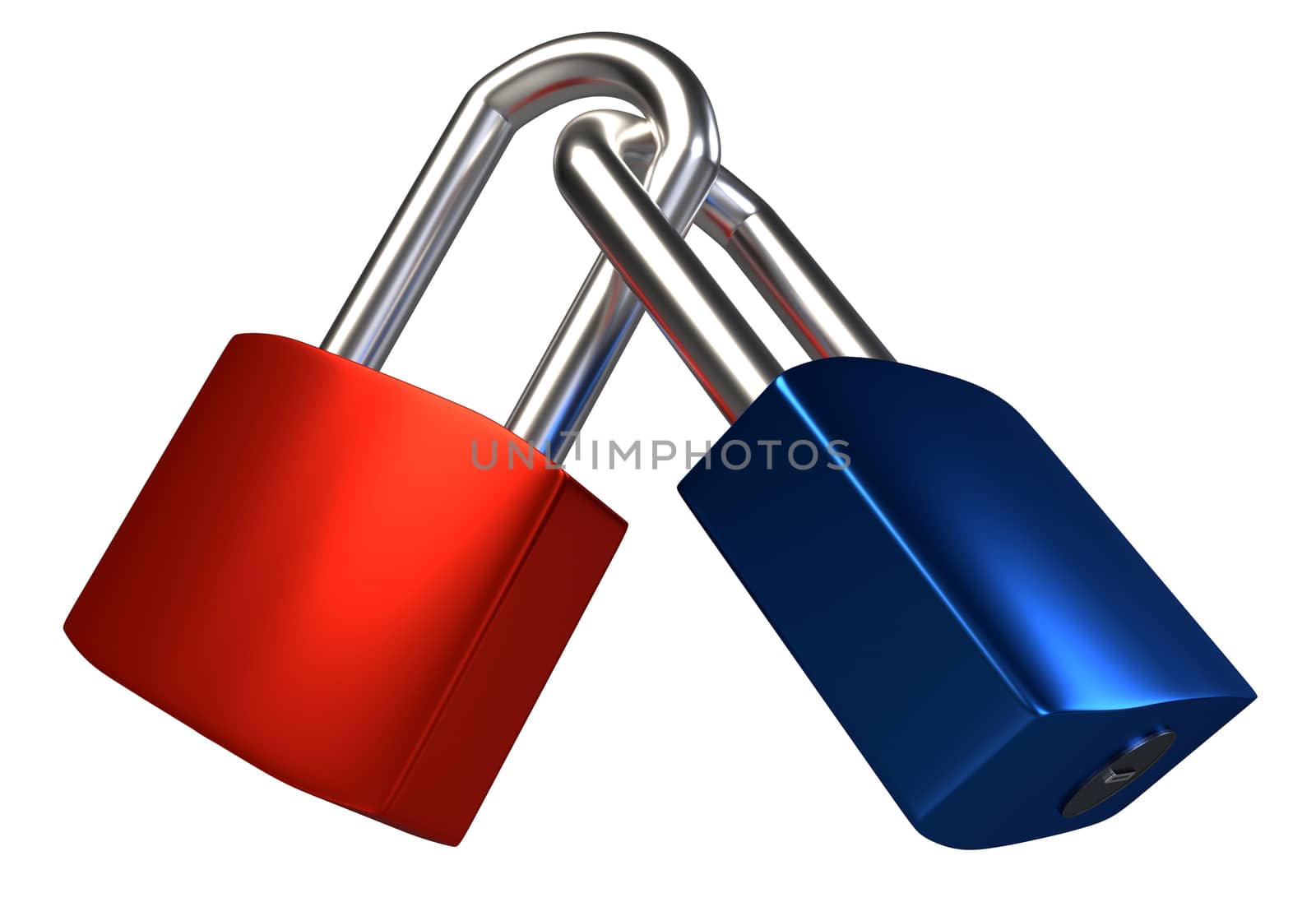 Two locked padlocks isolated on white background. 3D rendering by Nobilior