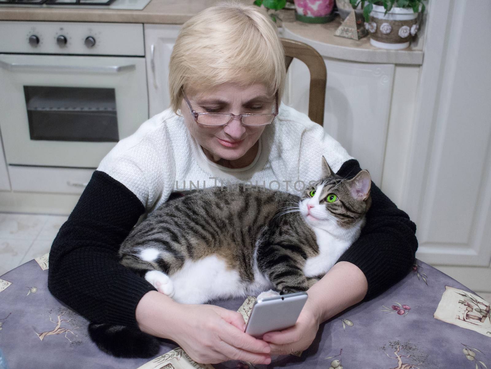 Elderly woman sends sms on mobile phone sitting at kitchen table with pet cat