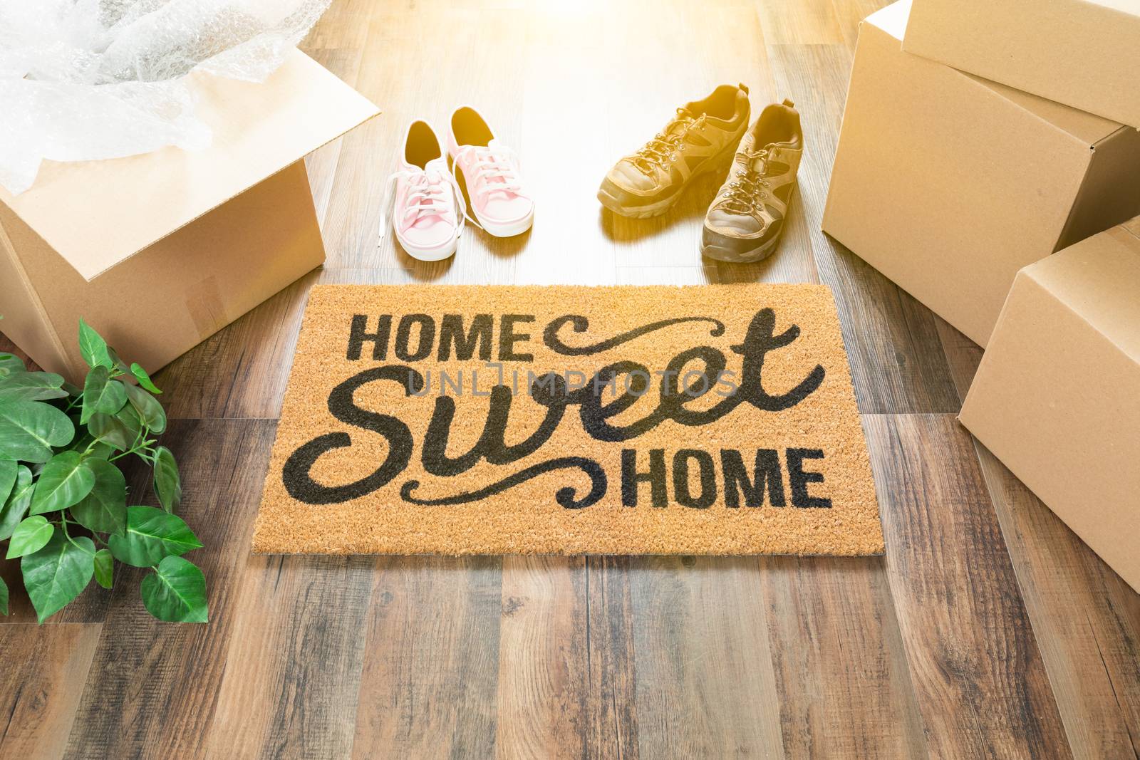 Home Sweet Home Welcome Mat, Moving Boxes, Women and Male Shoes  by Feverpitched
