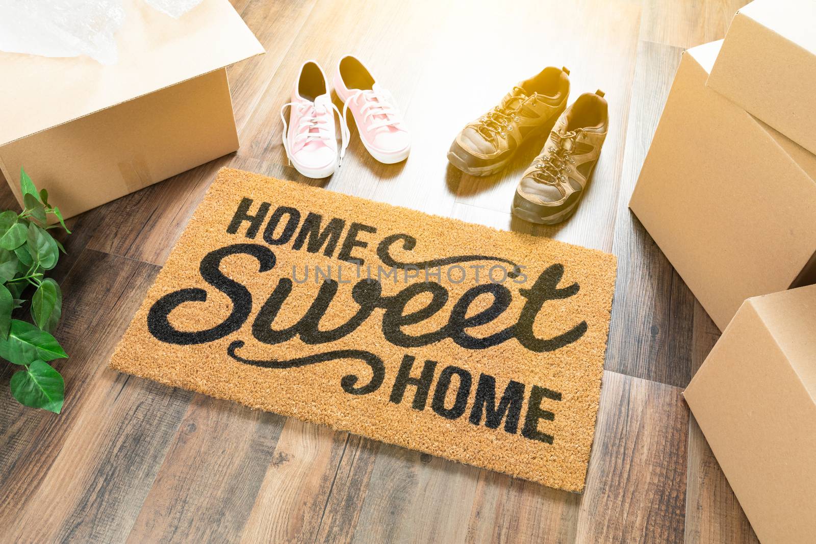 Home Sweet Home Welcome Mat, Moving Boxes, Women and Male Shoes  by Feverpitched