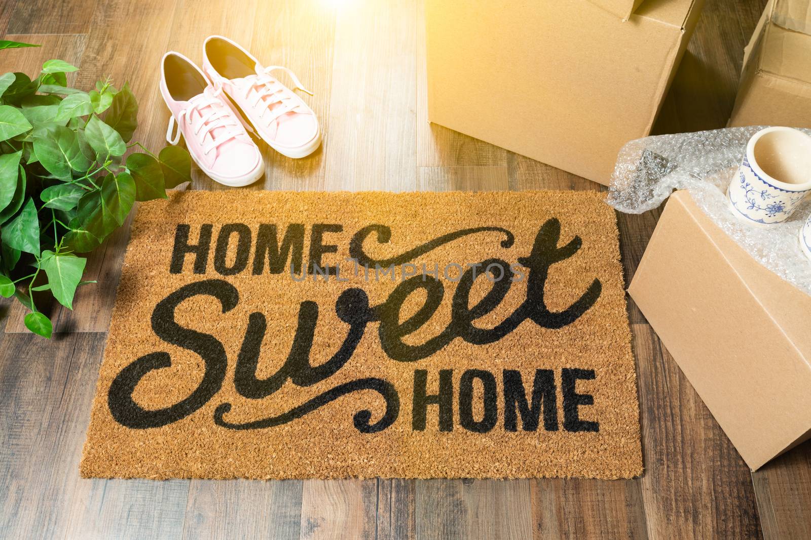 Home Sweet Home Welcome Mat, Moving Boxes, Pink Shoes and Plant  by Feverpitched