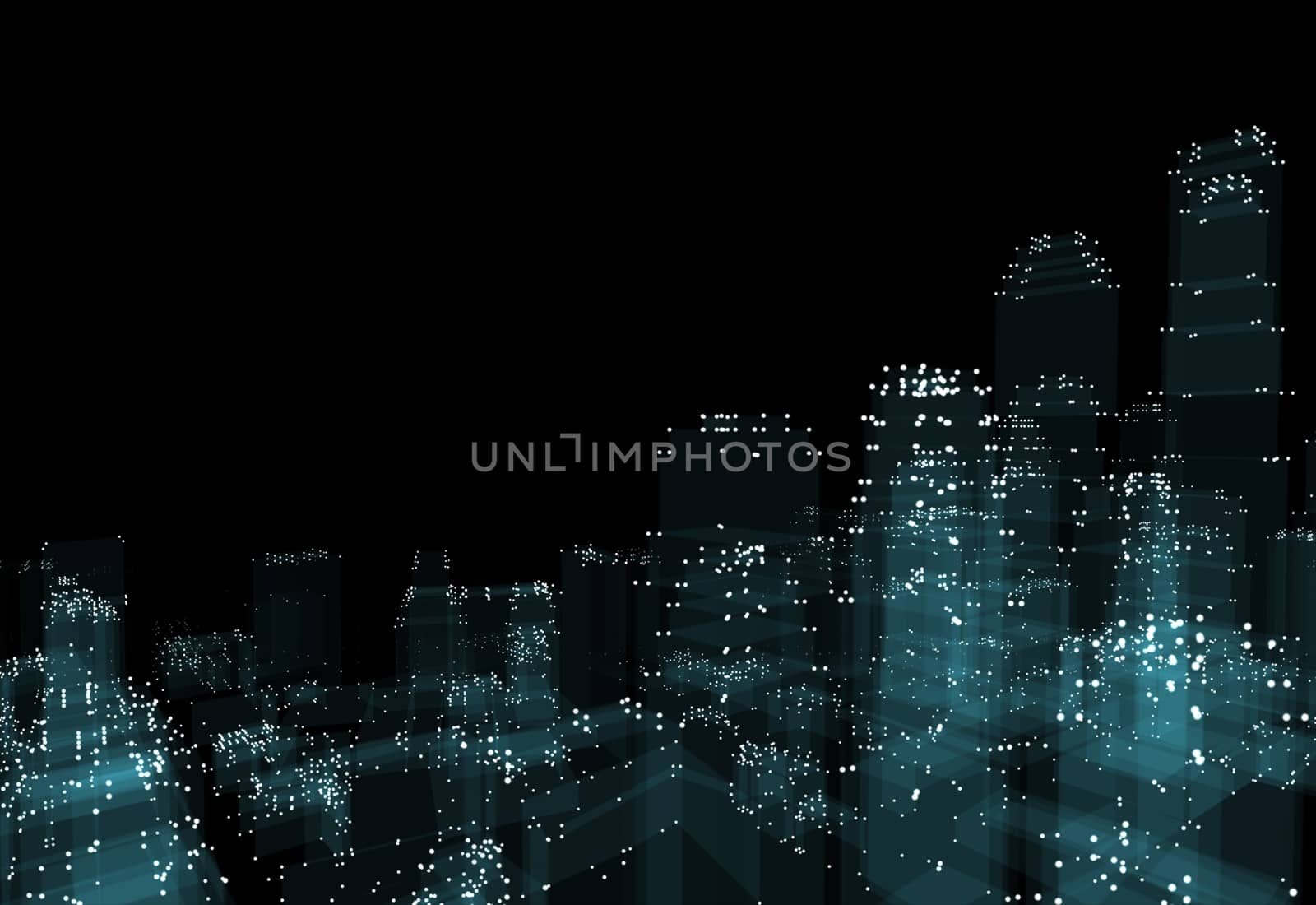 Abstract 3d city with dots and blue buildings. Technology and connection concept. 3d illustration on black background