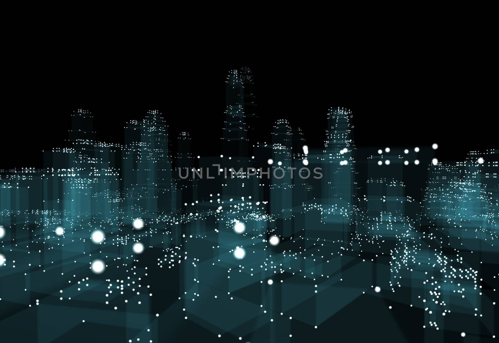 Abstract 3d city with dots and blue buildings. Technology and connection concept. 3d illustration on black background