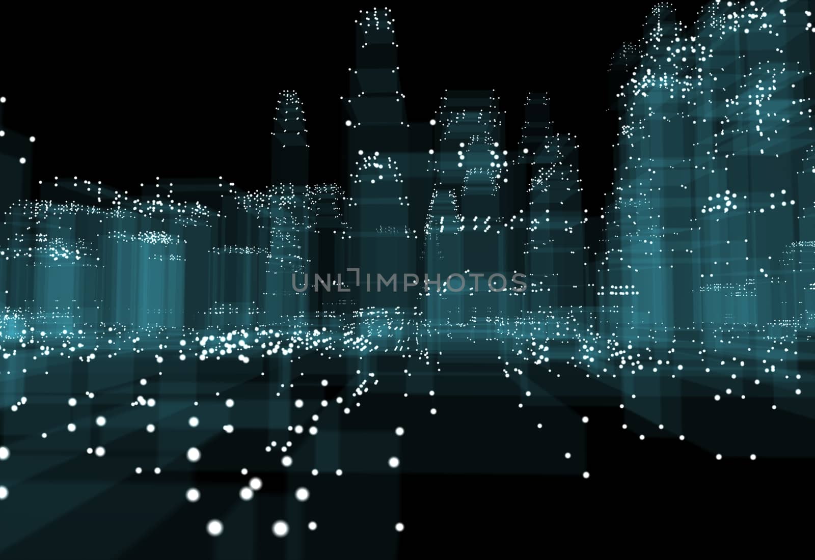 Abstract 3d city with dots and blue buildings. Technology and connection concept. 3d illustration on black background