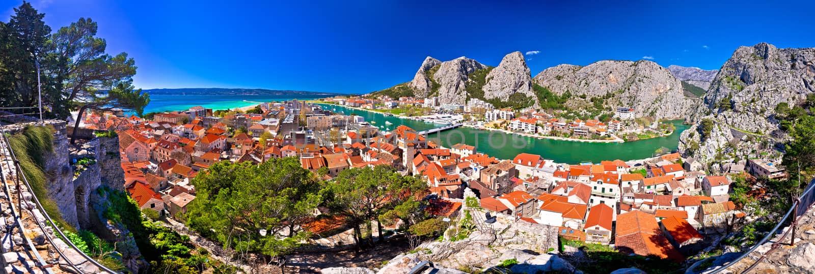 Town of Omis and Cetina river mouth panoramic view, Dalmatia region of Croatia