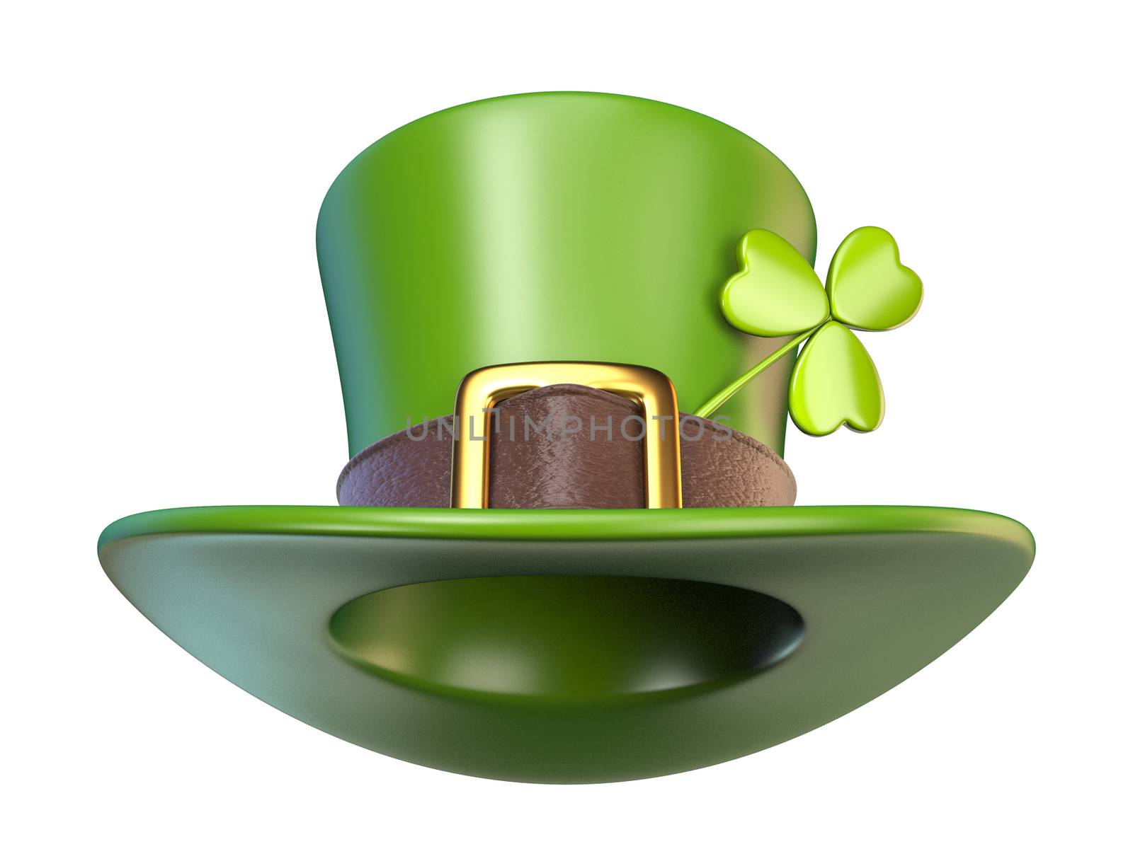 Green St. Patrick's Day hat with clover Front view 3D render illustration isolated on white background