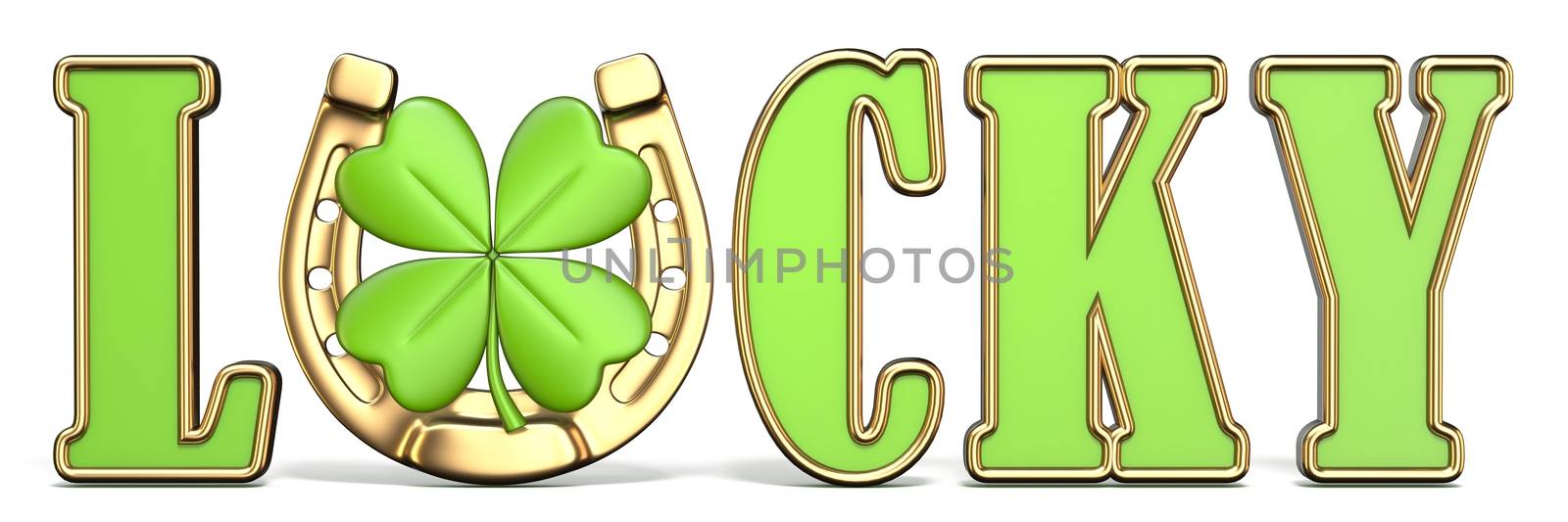Word LUCKY with horse-shoe and four-leaf clover Front view 3D by djmilic