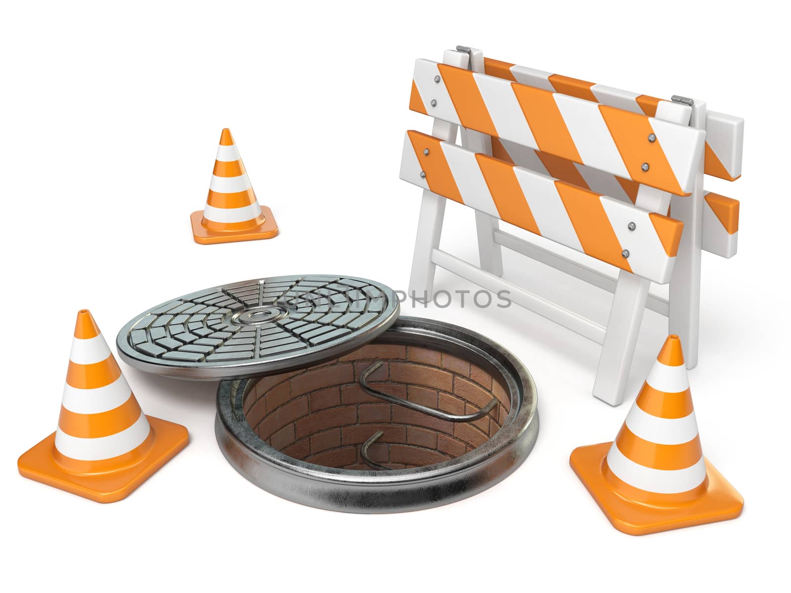 Manhole traffic cone and barrier 3D render illustration isolated on white background