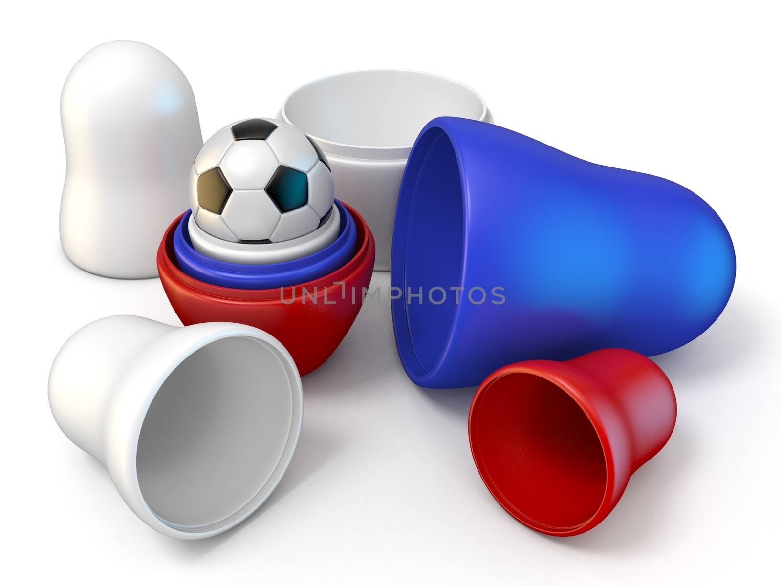 Opened Russian dolls and football 3D render illustration isolated on white background