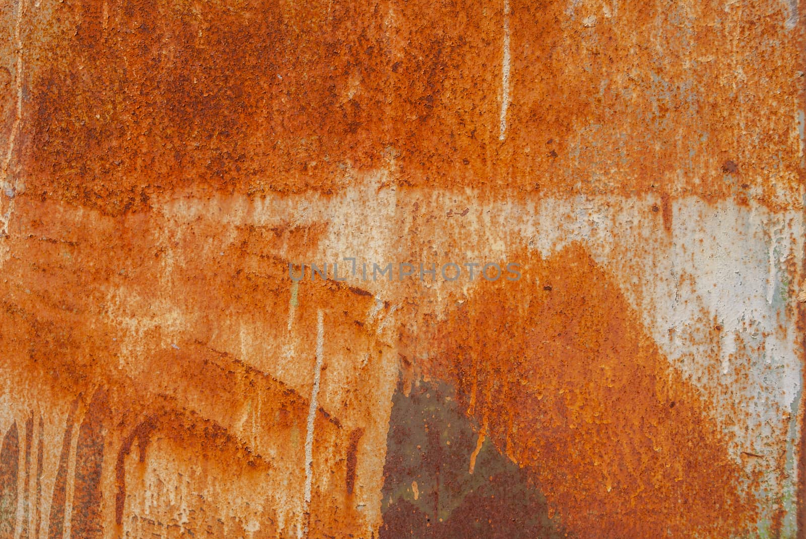 painted iron surface with a large rusty and metal corrosion, old background with peeling and cracking paint as background, orange texture by uvisni