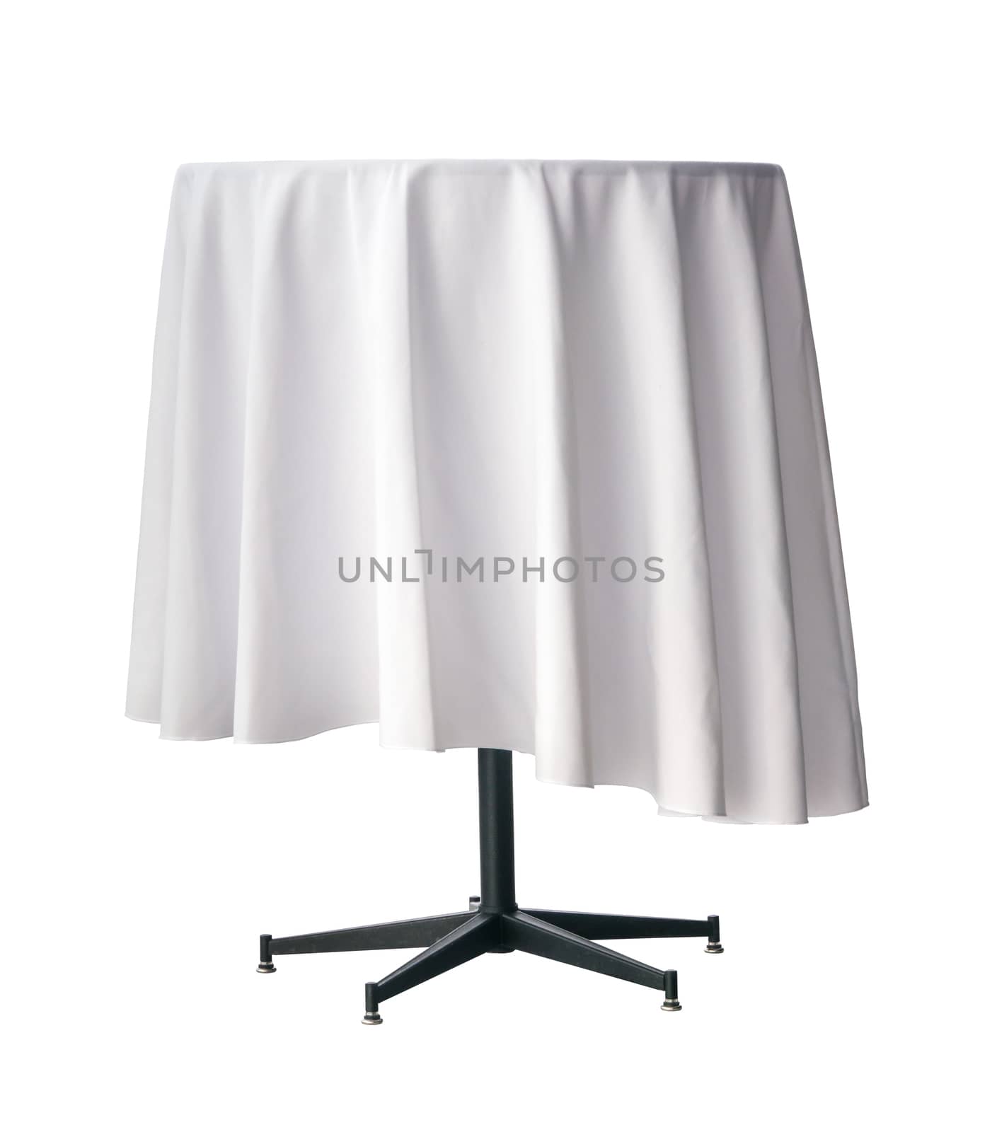 Isolated Empty Exhibition Table With A White Tablecloth On A White Background