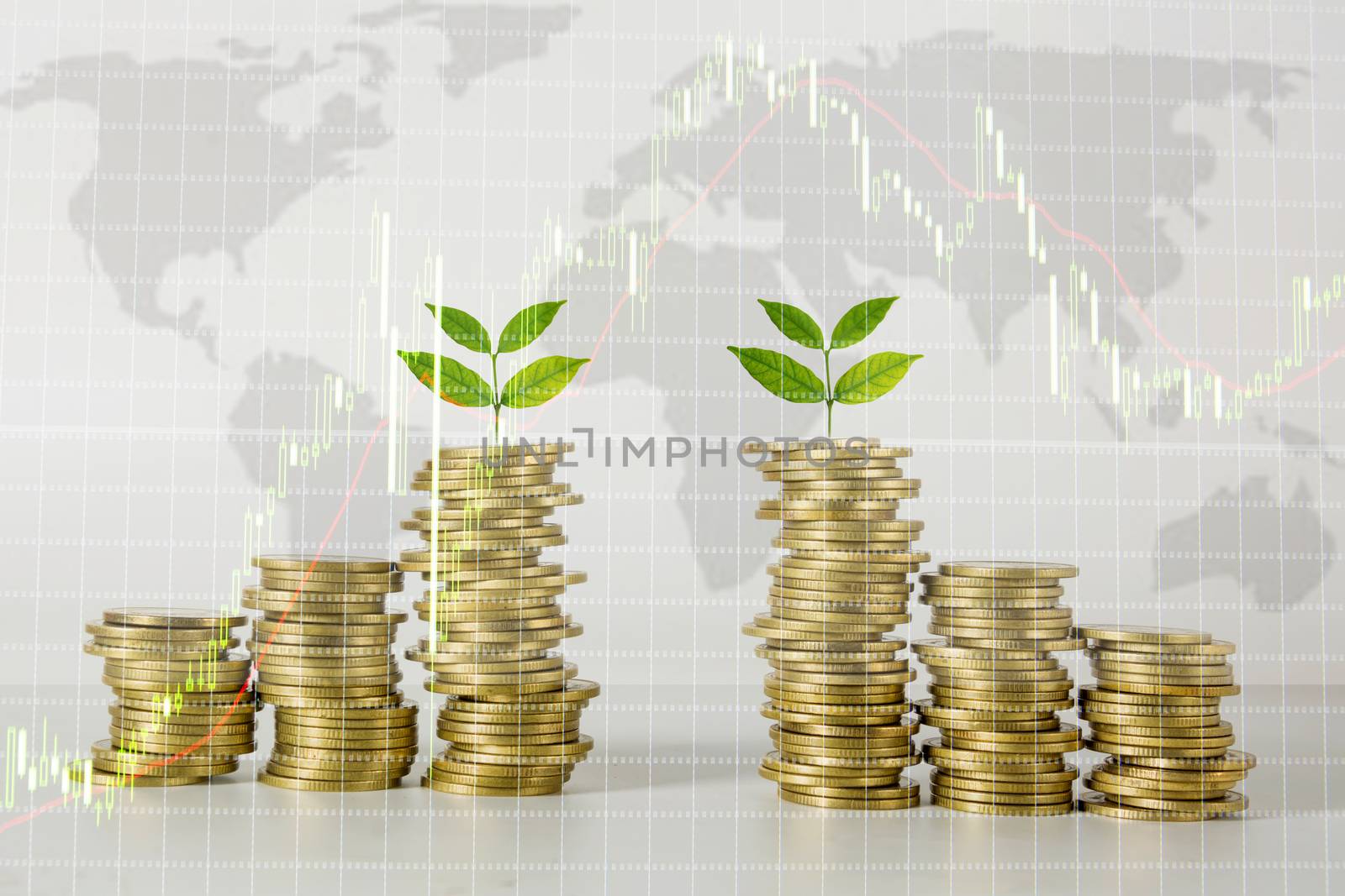 Double exposure with growing stock market index graph. Financial stock market in accounting market economy analysis.