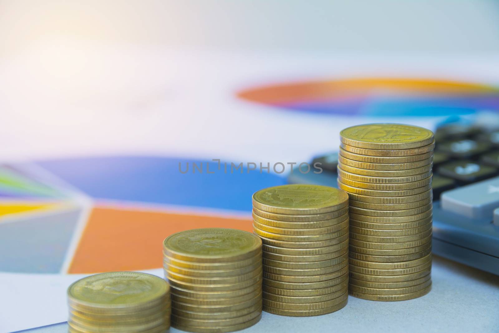 Stock financial indices with stack coin. Financial stock market in accounting market economy analysis.