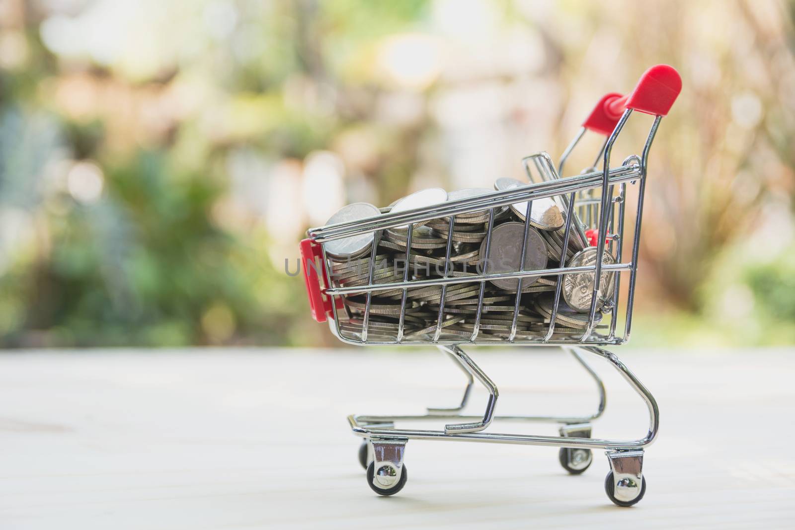 Coins in shopping cart. Concept finance, business and shopping investment.