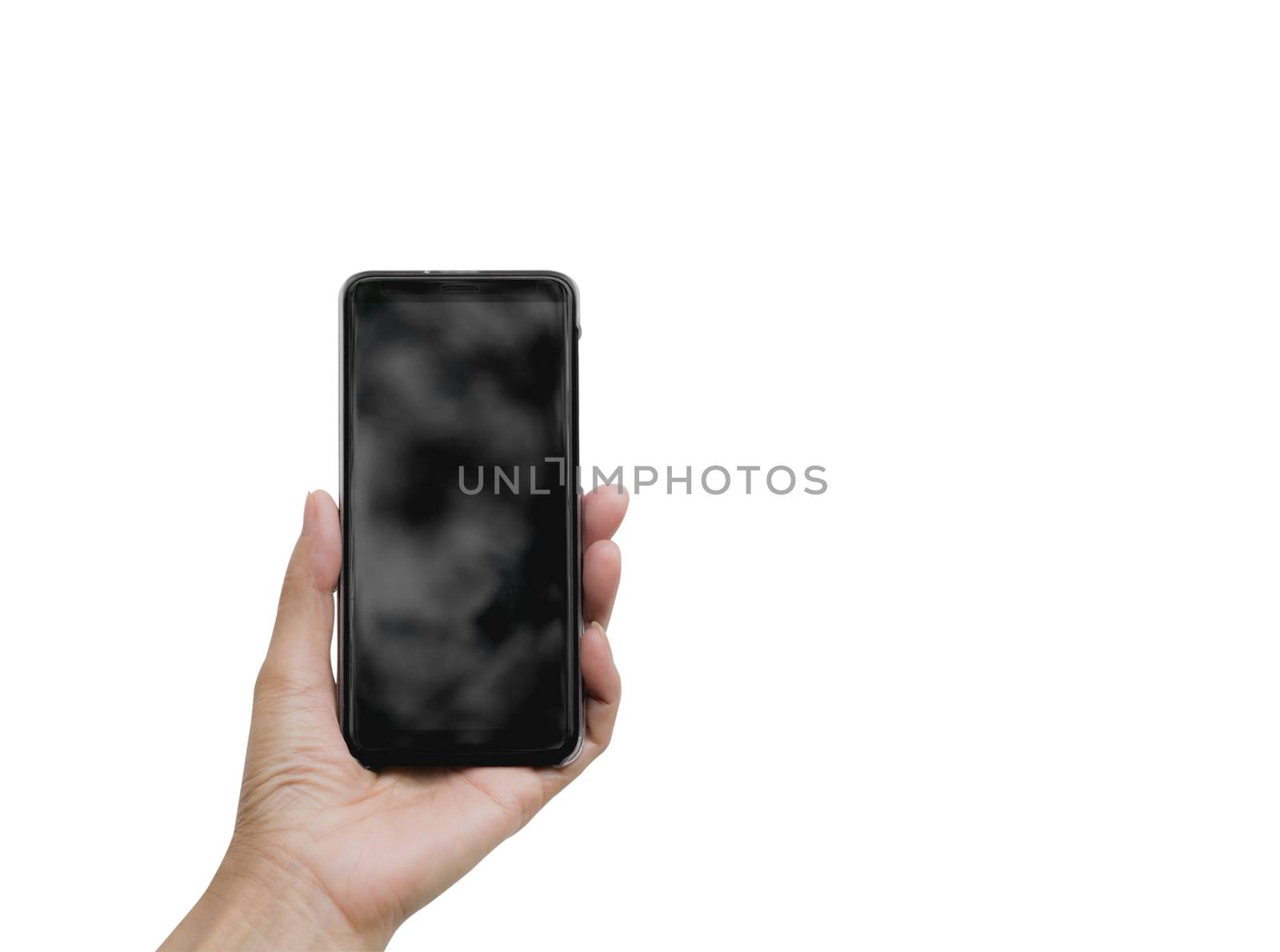 Hand holding smart phone isolated on white background. Technology and communication concept.