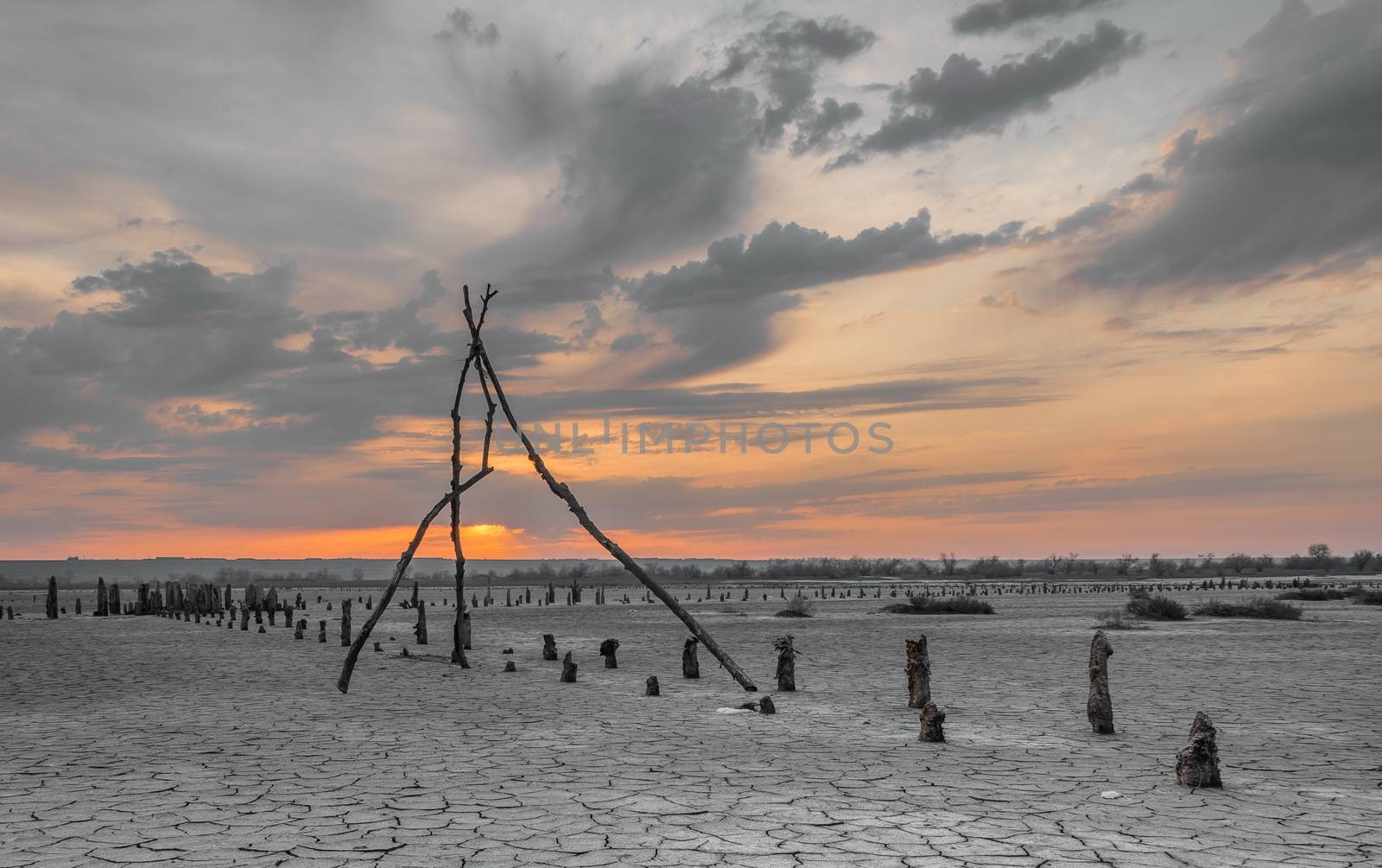 Sunset on the salty estuary Kuyalnik,  dead lake near Odessa, Ukraine