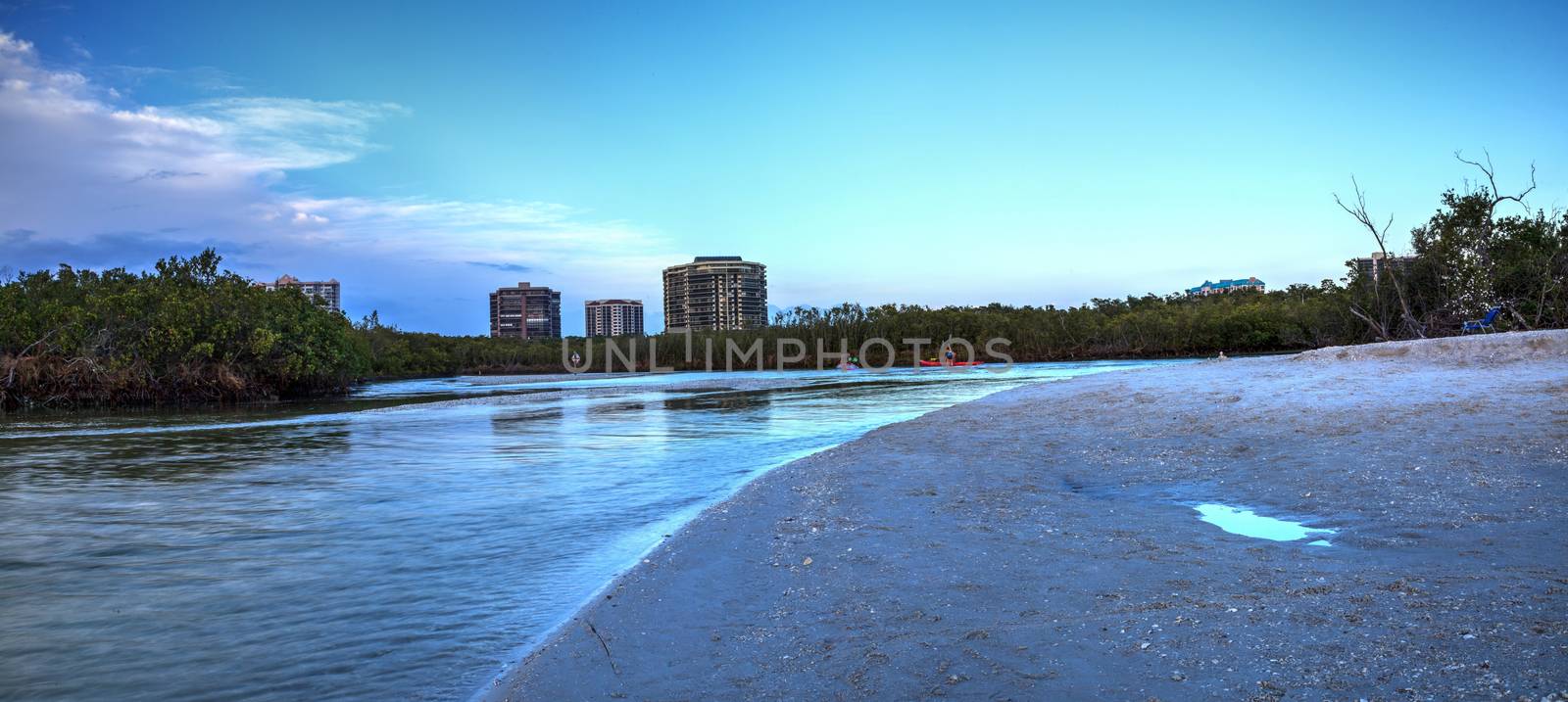 River leading to the ocean at Clam Pass at dusk in Naples, Florida