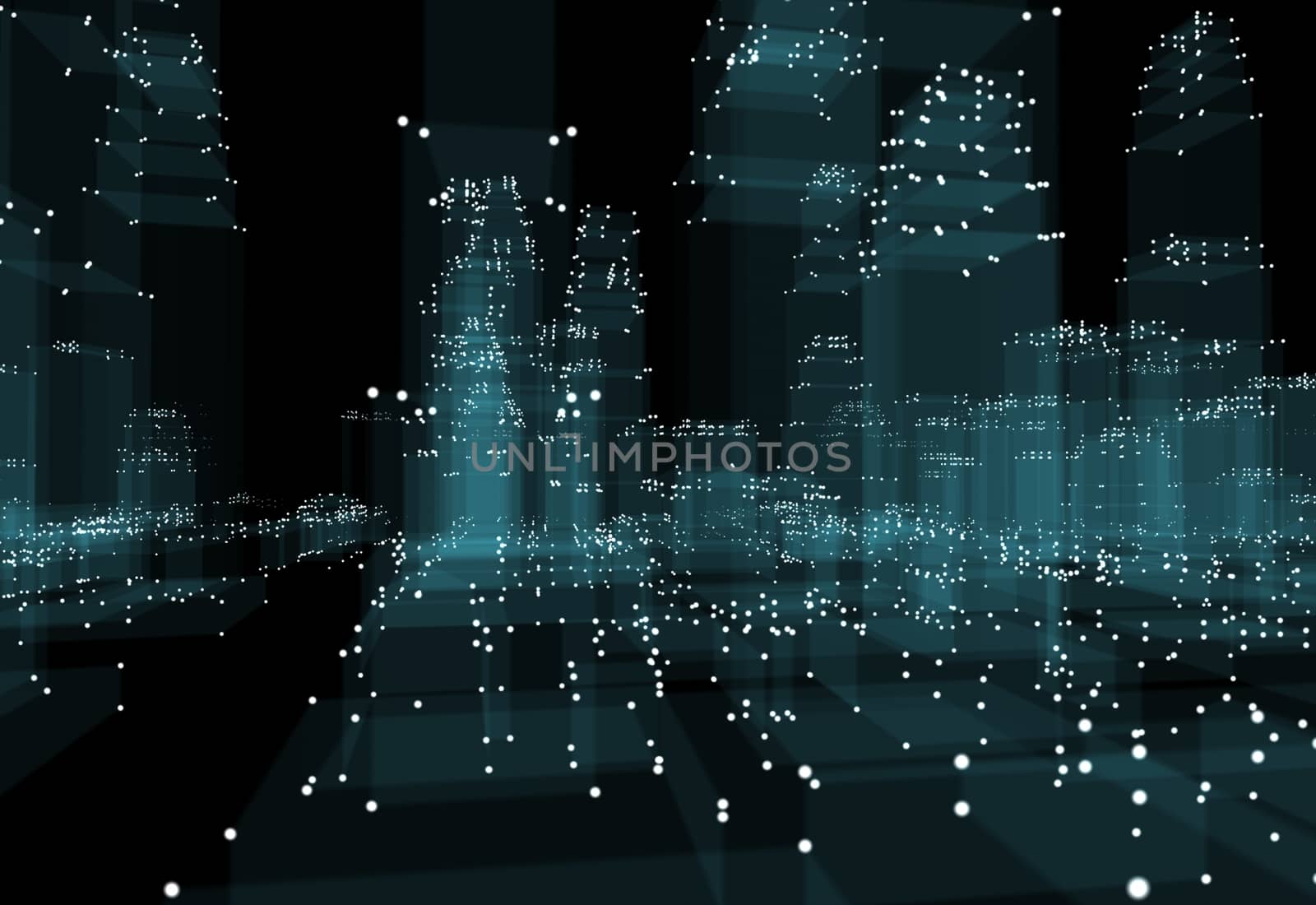 Abstract 3d city with dots and blue buildings. Technology and connection concept. 3d illustration on black background